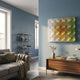 Dromara Lime Tint Gradient Acrylic 3D Wall Art by Giant Sculptures mounted on a blue wall in a modern living room above a walnut sideboard and grey sofa.