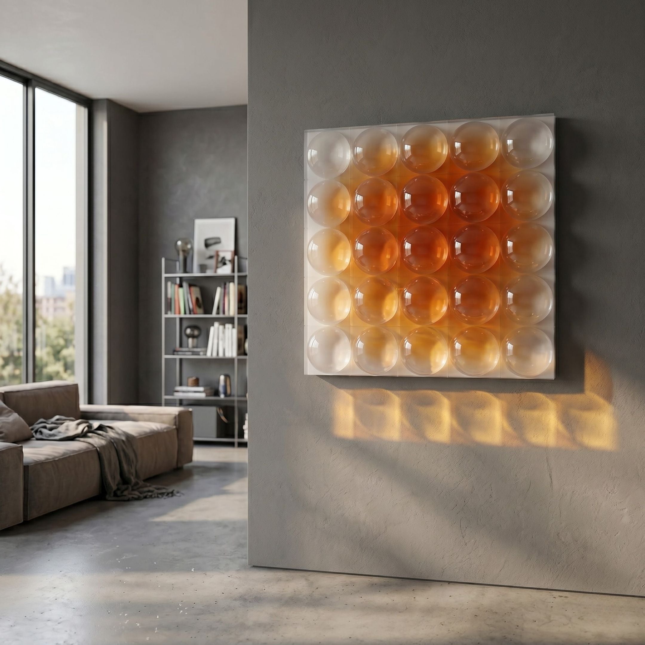 Dromara Amber Fade Acrylic Square 3D Wall Art by Giant Sculptures mounted on a grey wall in a modern living room with sofa and bookshelf nearby.
