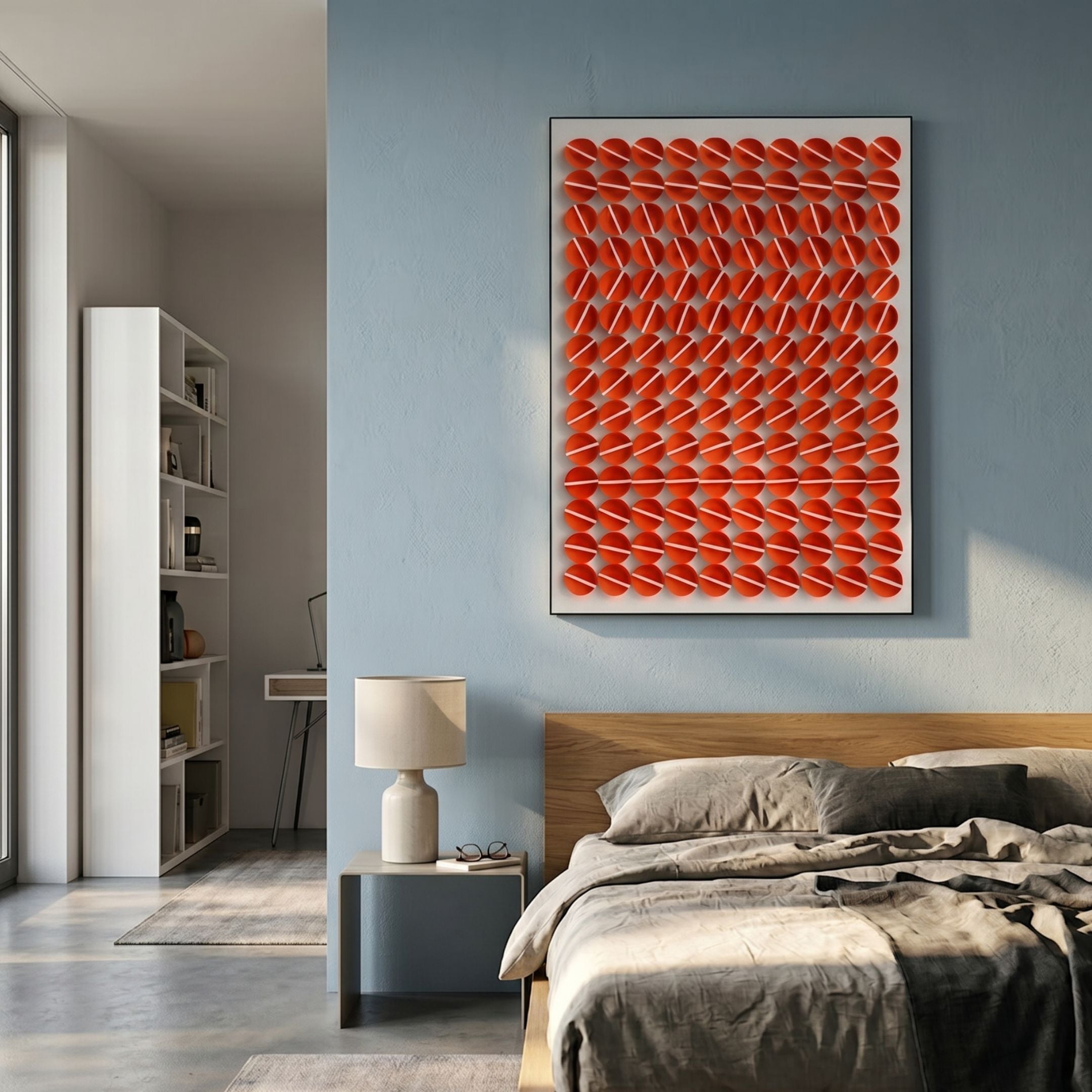 Parella Red Slit Disc Grid Acrylic 3D Wall Art by Giant Sculptures displayed above a wooden bed in a modern blue-walled bedroom with a bedside lamp.