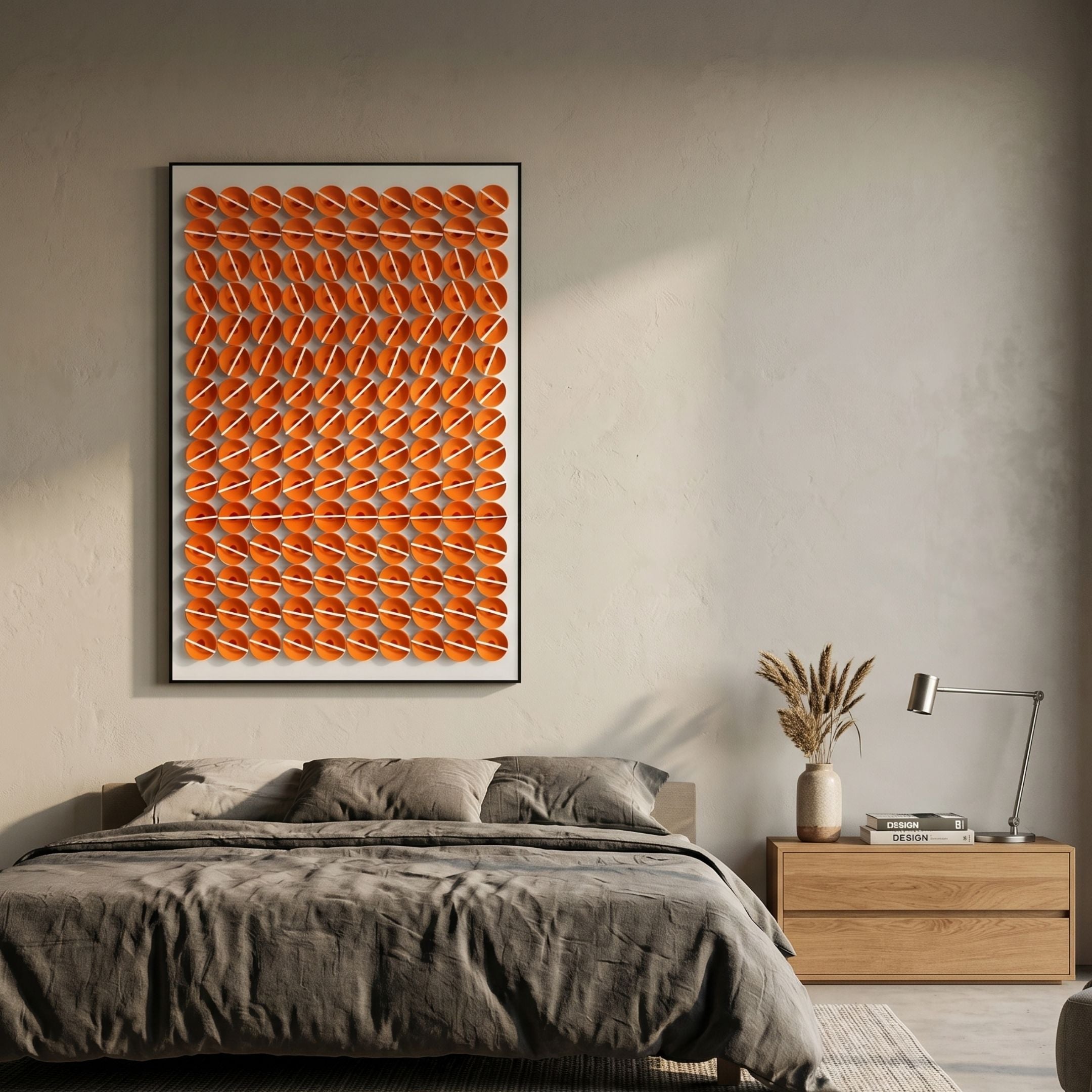 Parella Orange Slit Disc Grid Acrylic 3D Wall Art by Giant Sculptures, framed in black above a grey linen bed with an oak nightstand in a modern bedroom.