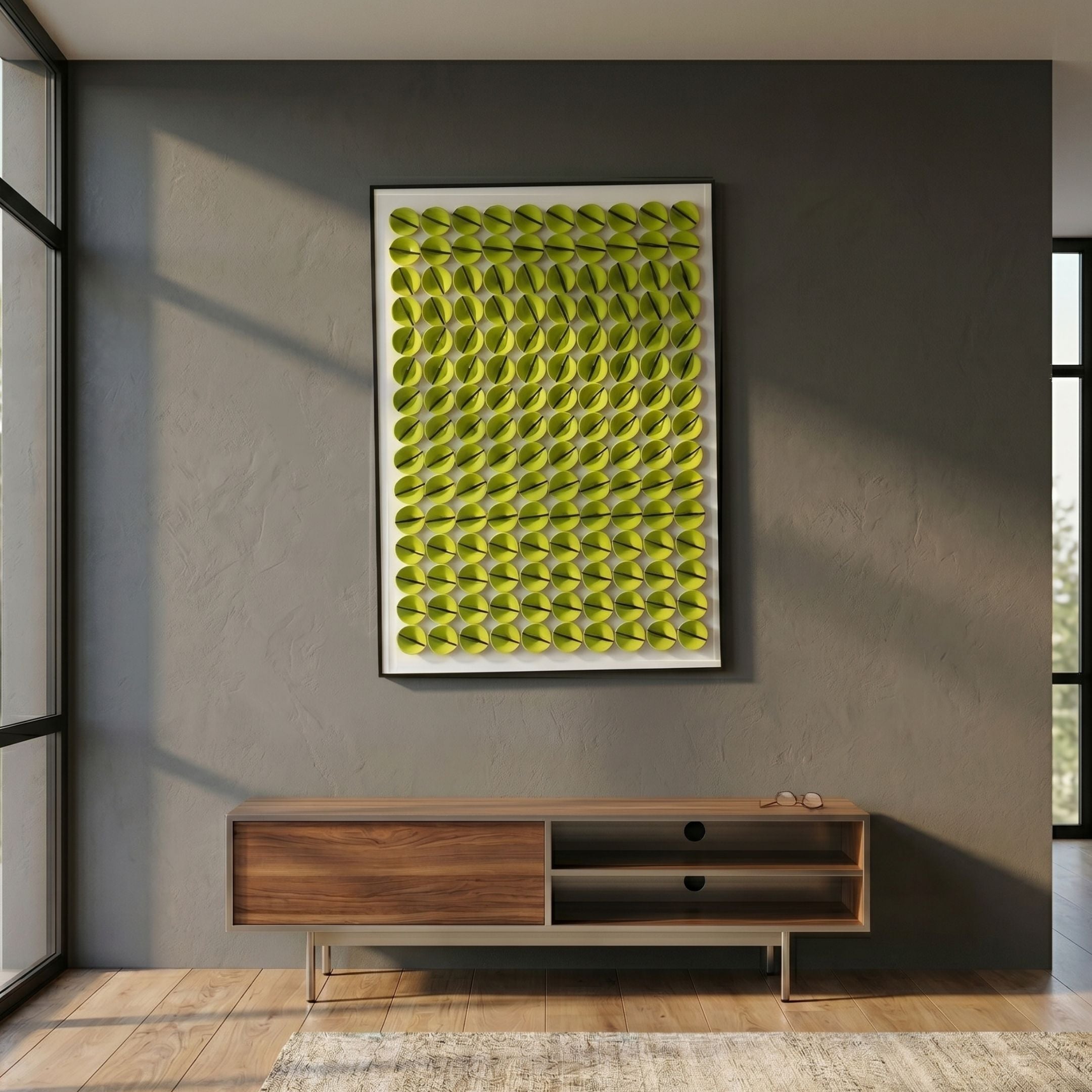 Parella Green Slit Disc Grid Acrylic 3D Wall Art by Giant Sculptures displayed above a walnut sideboard on a grey wall in a sunlit modern room.