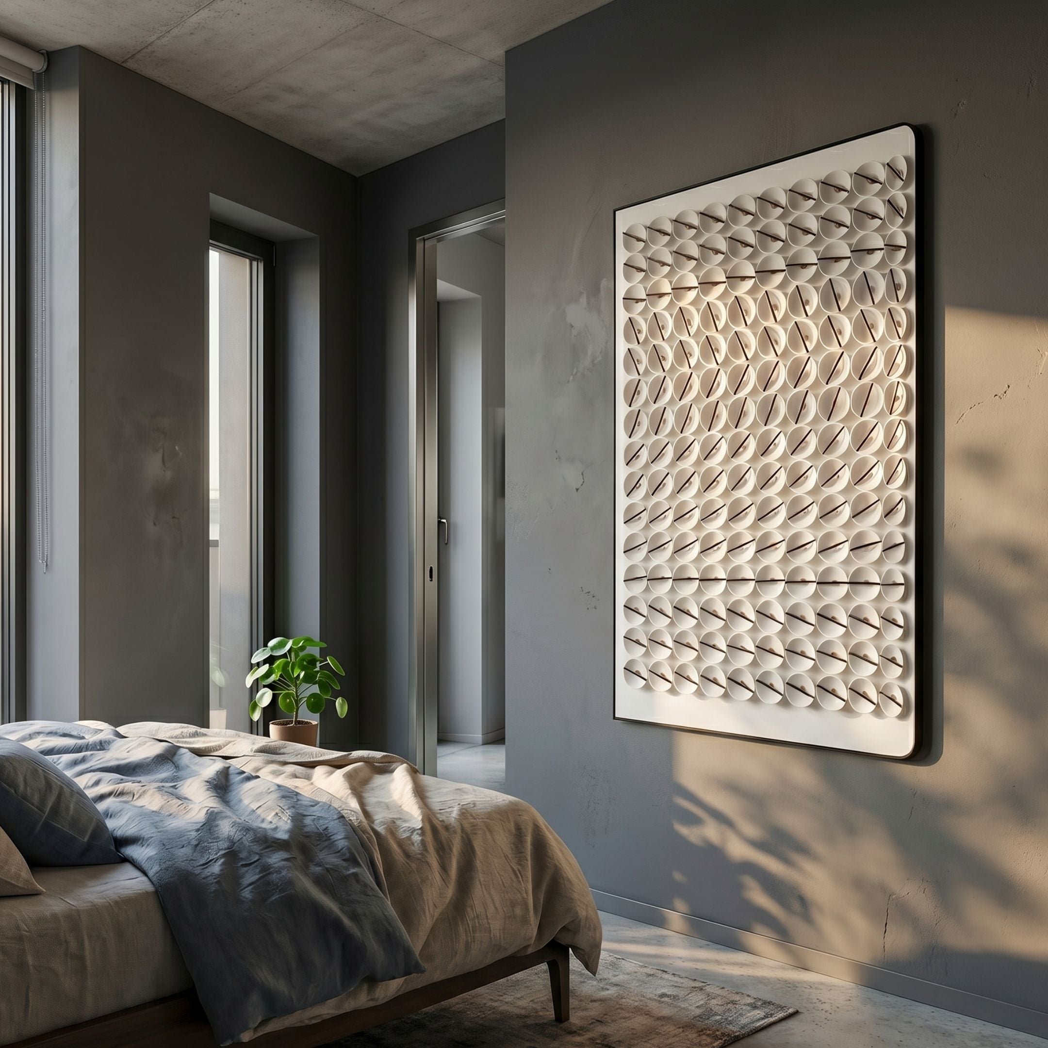 Parella Black Slit Disc Grid Acrylic 3D Wall Art by Giant Sculptures mounted on a grey bedroom wall beside a bed, doorway, and potted plant.