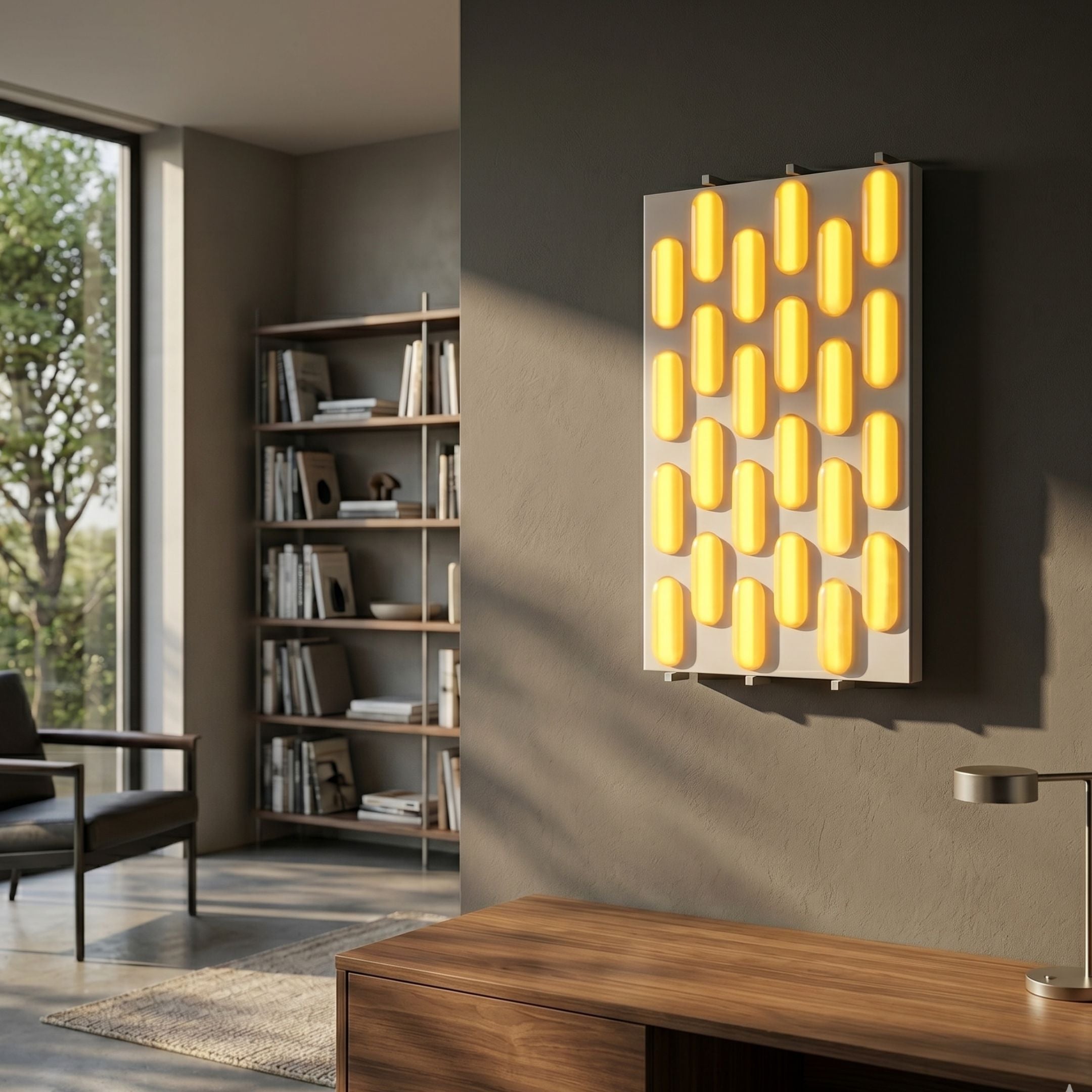 Luminex Glow Capsule LED Acrylic 3D Wall Art by Giant Sculptures mounted on a dark grey wall in a modern living room with bookshelf and wooden console.