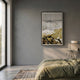 Flutara Golden Summit Folded Acrylic 3D Wall Art displayed on a grey bedroom wall above an olive-toned bed, beside a window and desk lamp.