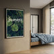 Flutara Endless Summer Folded Acrylic 3D Wall Art with green palm leaves and white typography, displayed in a modern bedroom above a wooden bed.