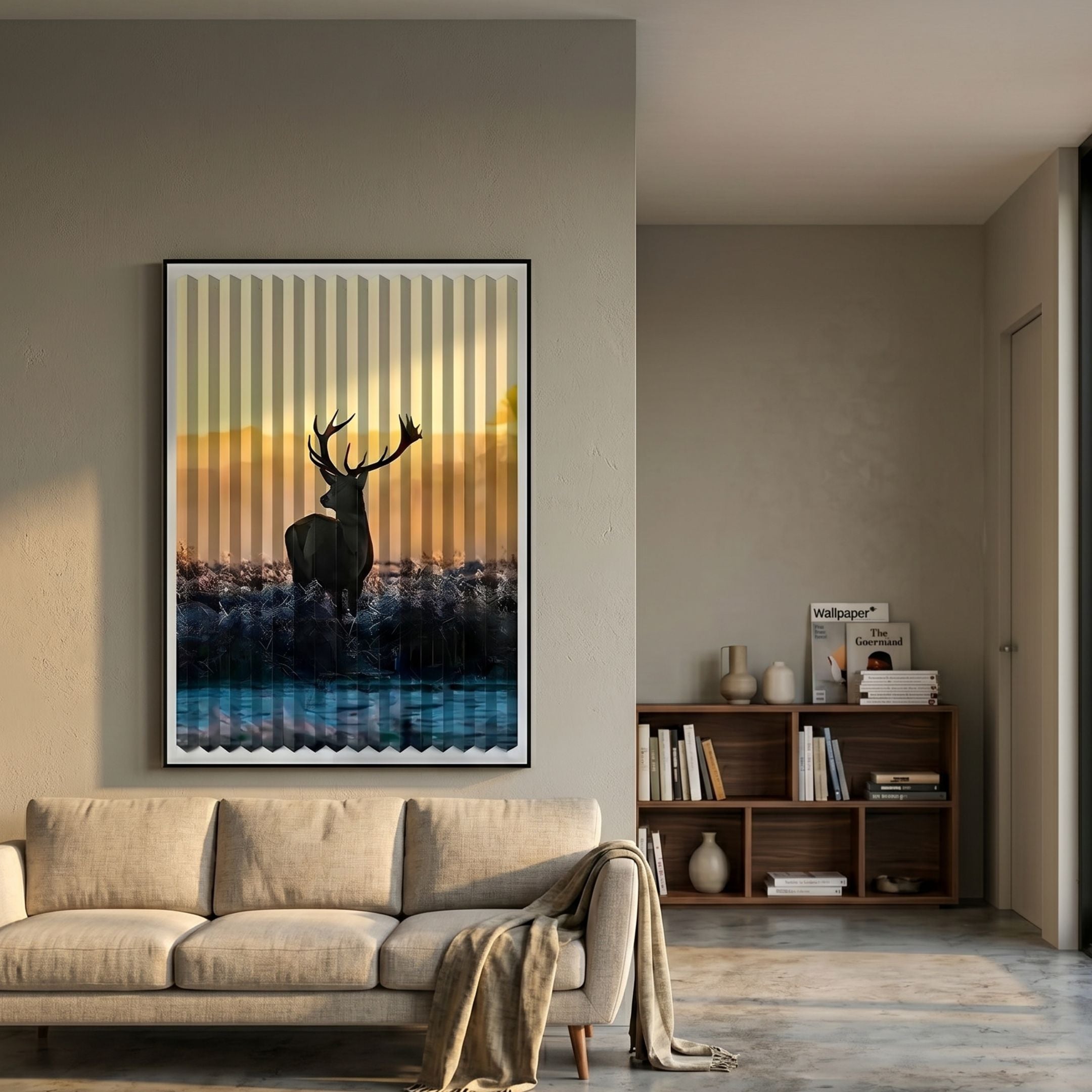 Flutara Winter Dawn Stag Folded Acrylic 3D Wall Art with golden sky and blue foreground, framed in black, displayed above a cream sofa in a modern living room.
