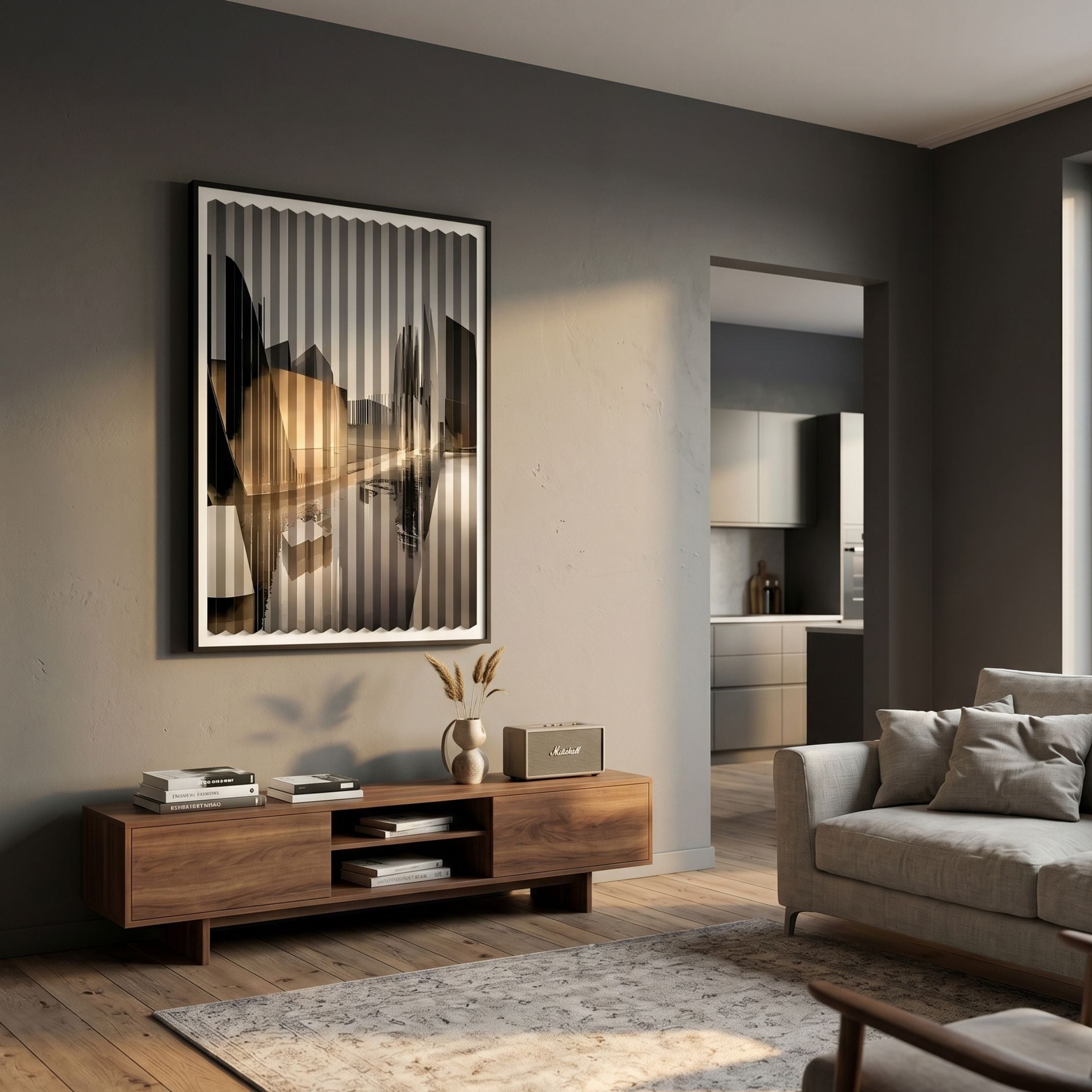Flutara Urban Reflection Folded Acrylic 3D Wall Art by Giant Sculptures displayed above a walnut media console in a modern grey living room with sofa.
