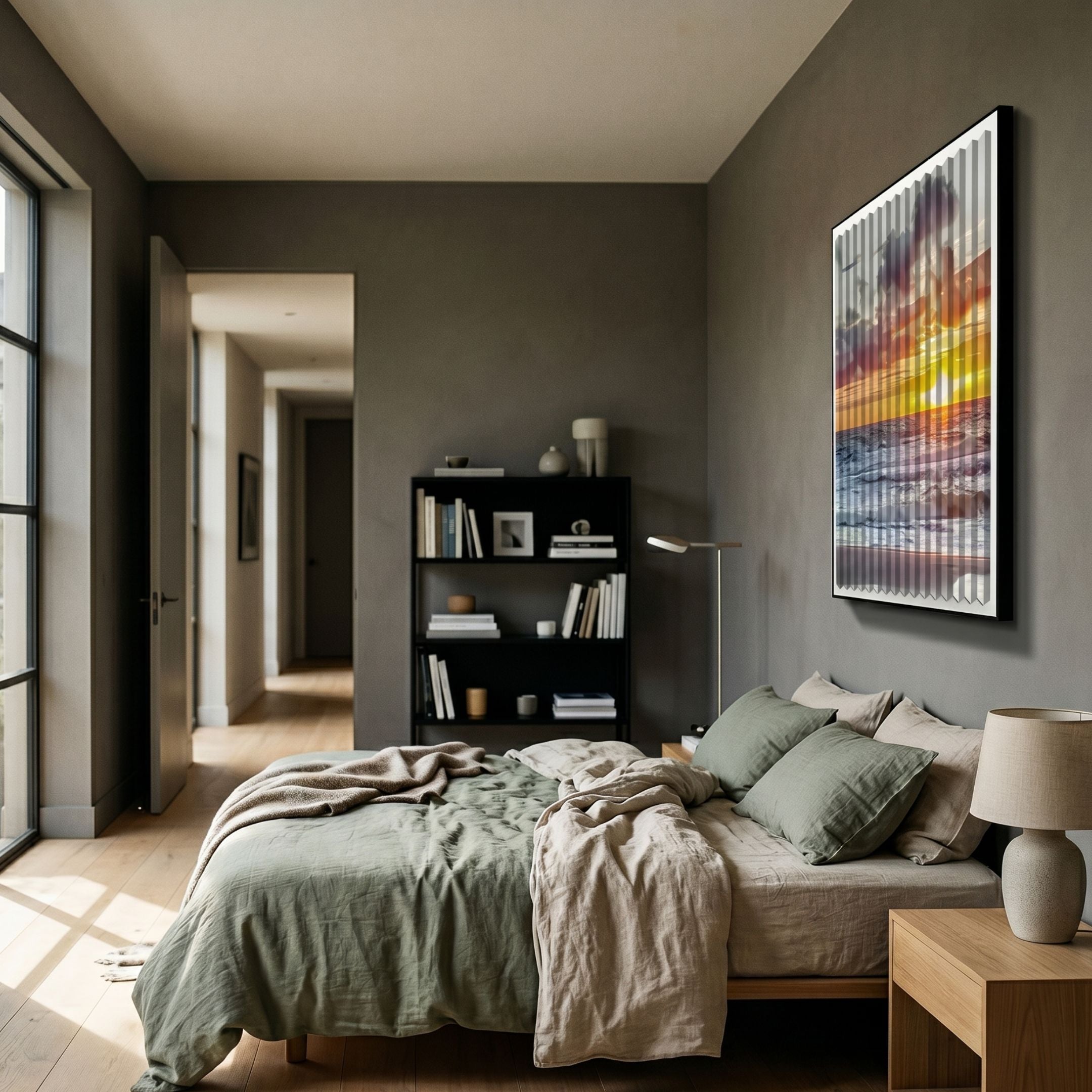 Flutara Ocean Blaze Sunset Folded Acrylic 3D Wall Art by Giant Sculptures mounted on a grey bedroom wall above a bed with sage linen and a black bookshelf.