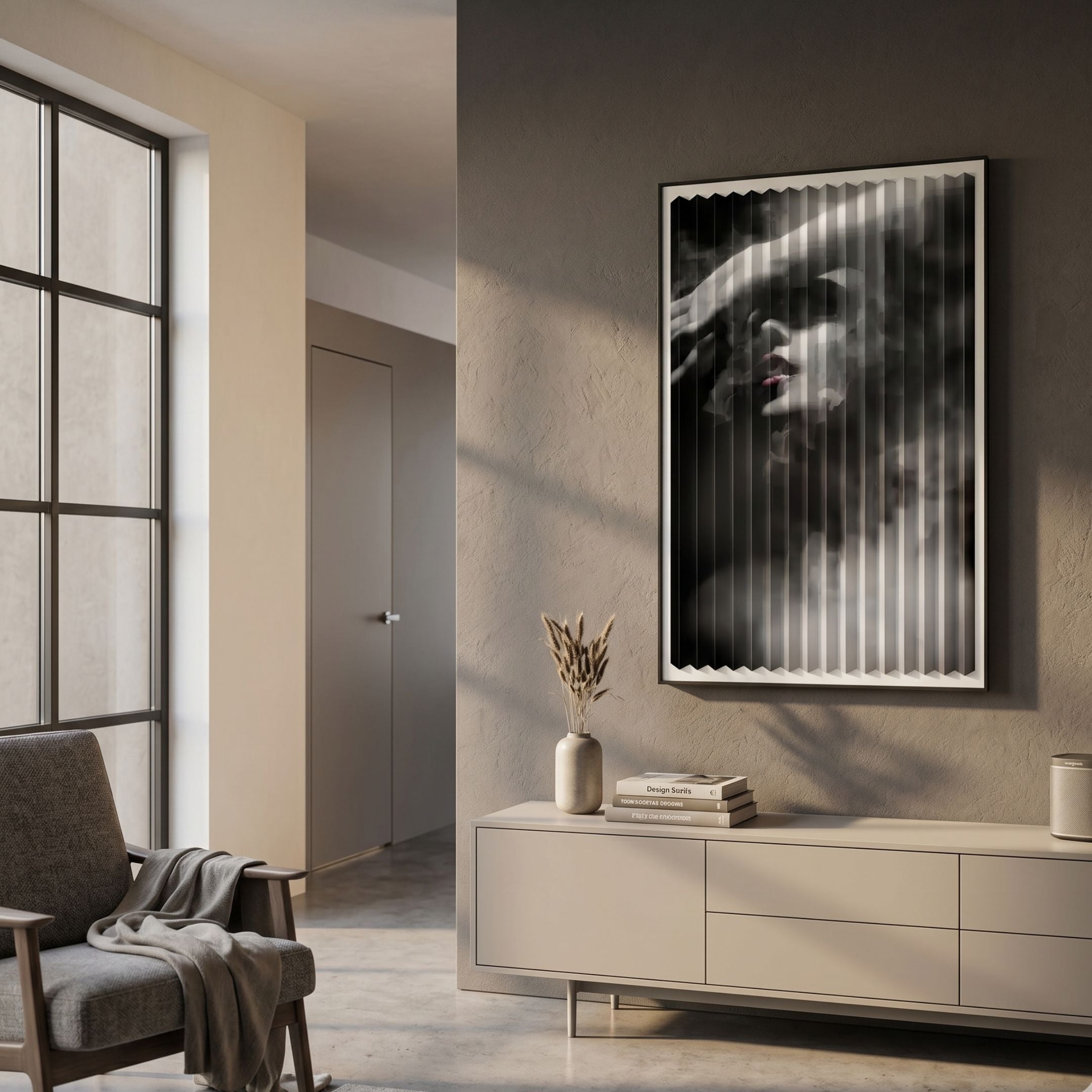 Flutara Smoke Muse Folded Acrylic 3D Wall Art displayed above a cream sideboard in a warm taupe living room with armchair and tall window nearby.
