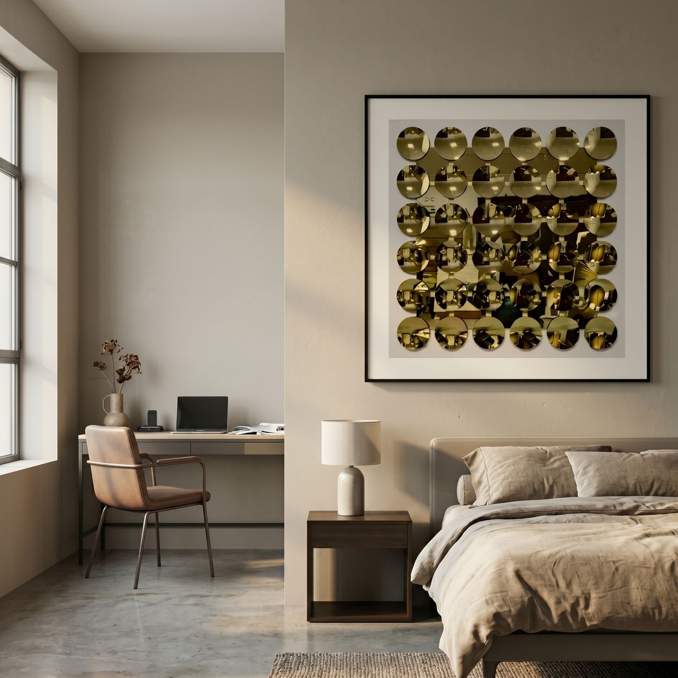 Refractura Gold Mirror Disc Acrylic 3D Wall Art by Giant Sculptures, framed in black above a bed and nightstand in a neutral bedroom with adjacent desk area.