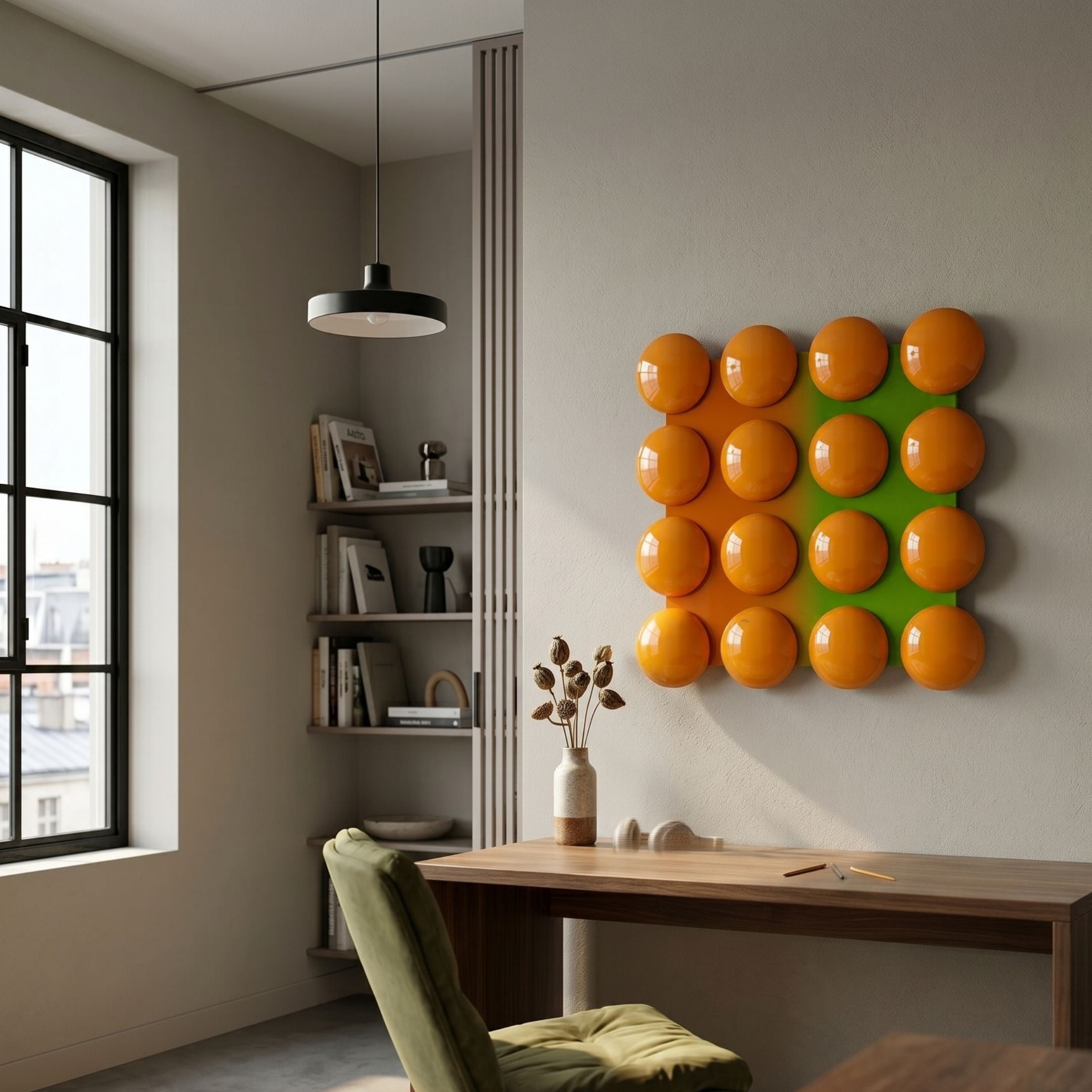 Poplux Grid Orange & Green Dome Acrylic 3D Wall Art mounted above a wooden desk with green chair, dried stems, and corner bookshelf by a window.
