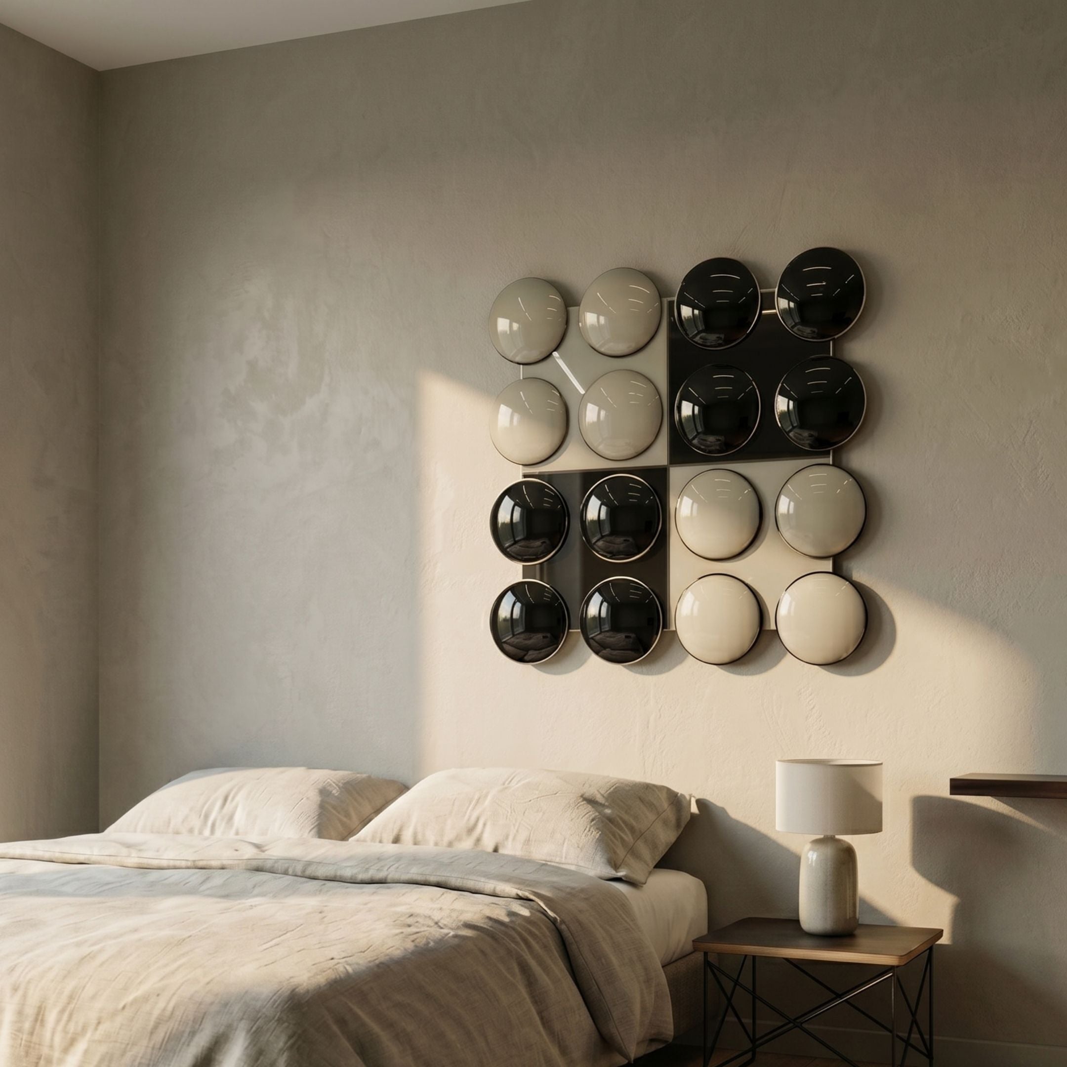 Poplux Grid Black & Cream Dome Acrylic 3D Wall Art displayed above a linen-dressed bed beside a small bedside lamp in a neutral bedroom.