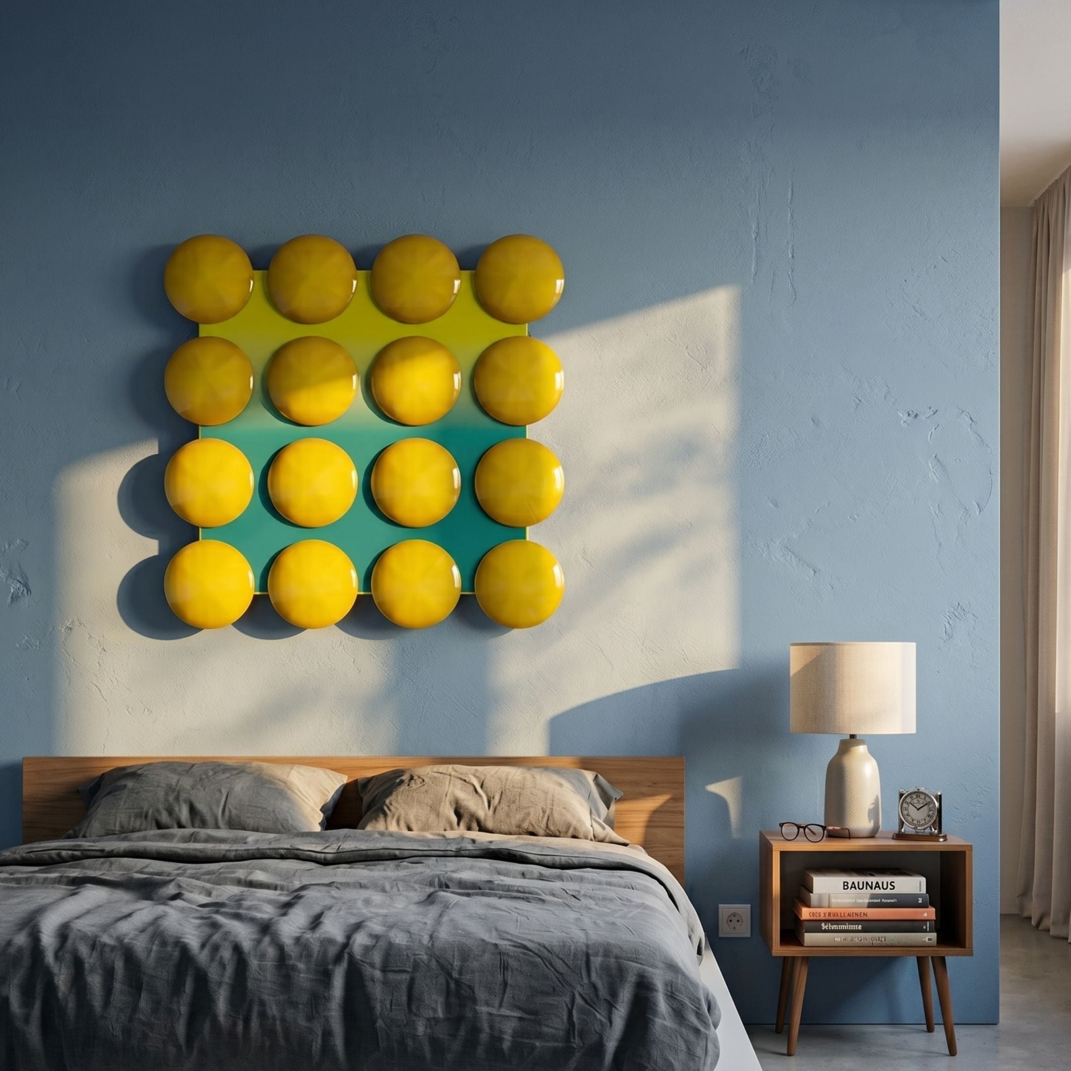 Poplux Grid Yellow & Teal Dome Acrylic 3D Wall Art by Giant Sculptures mounted above a wooden bed with grey linens and a bedside table on a blue wall.