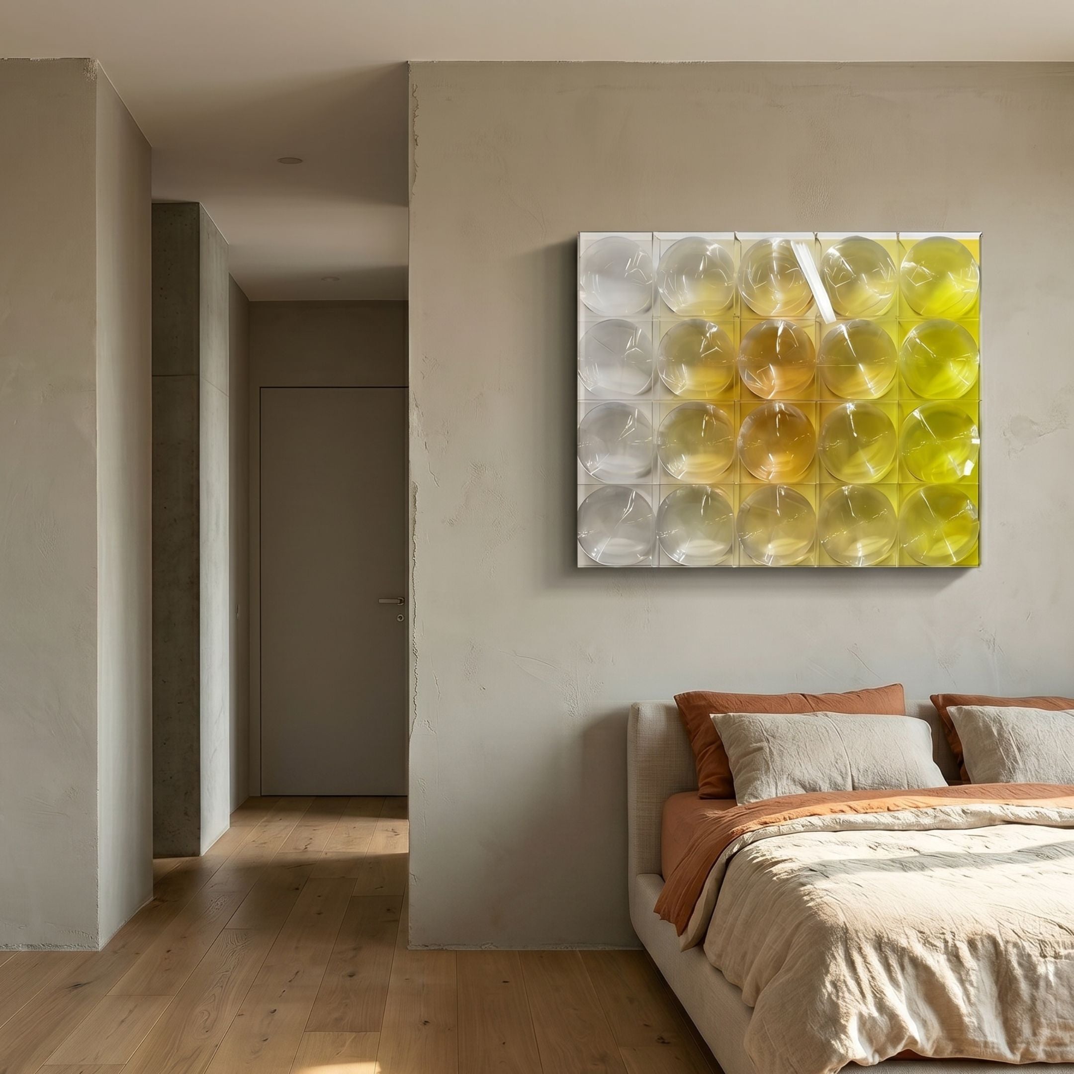 Dromara Lemon Gradient Acrylic 3D Wall Art mounted above a linen bed with rust accents in a minimalist bedroom with plaster walls and oak flooring.
