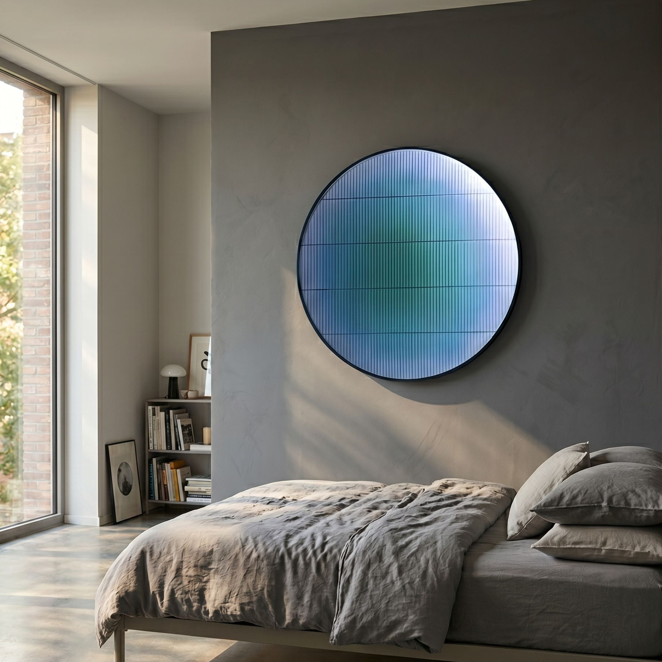 Solvaris Blue-Green Fade Round Acrylic 3D LED Wall Art by Giant Sculptures mounted above a linen-dressed bed in a modern bedroom with a bookshelf and window.