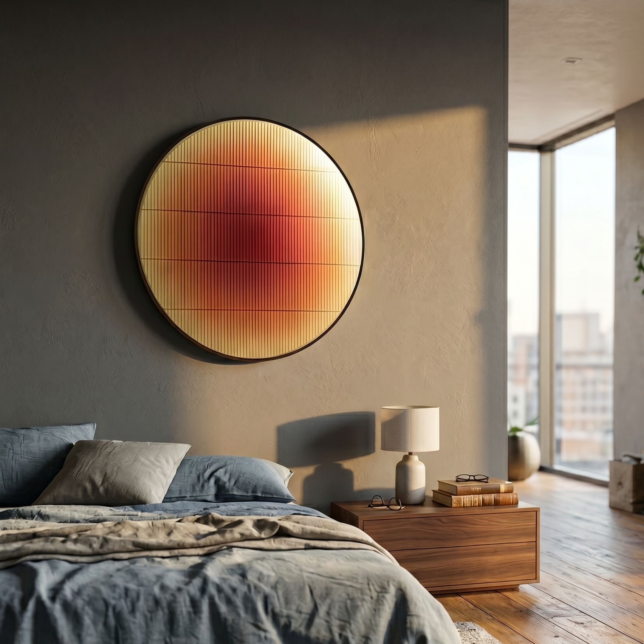 Solvaris Orange Fade Round Acrylic 3D LED Wall Art by Giant Sculptures glowing above a bed with blue linens, wooden nightstand, and city-view window.