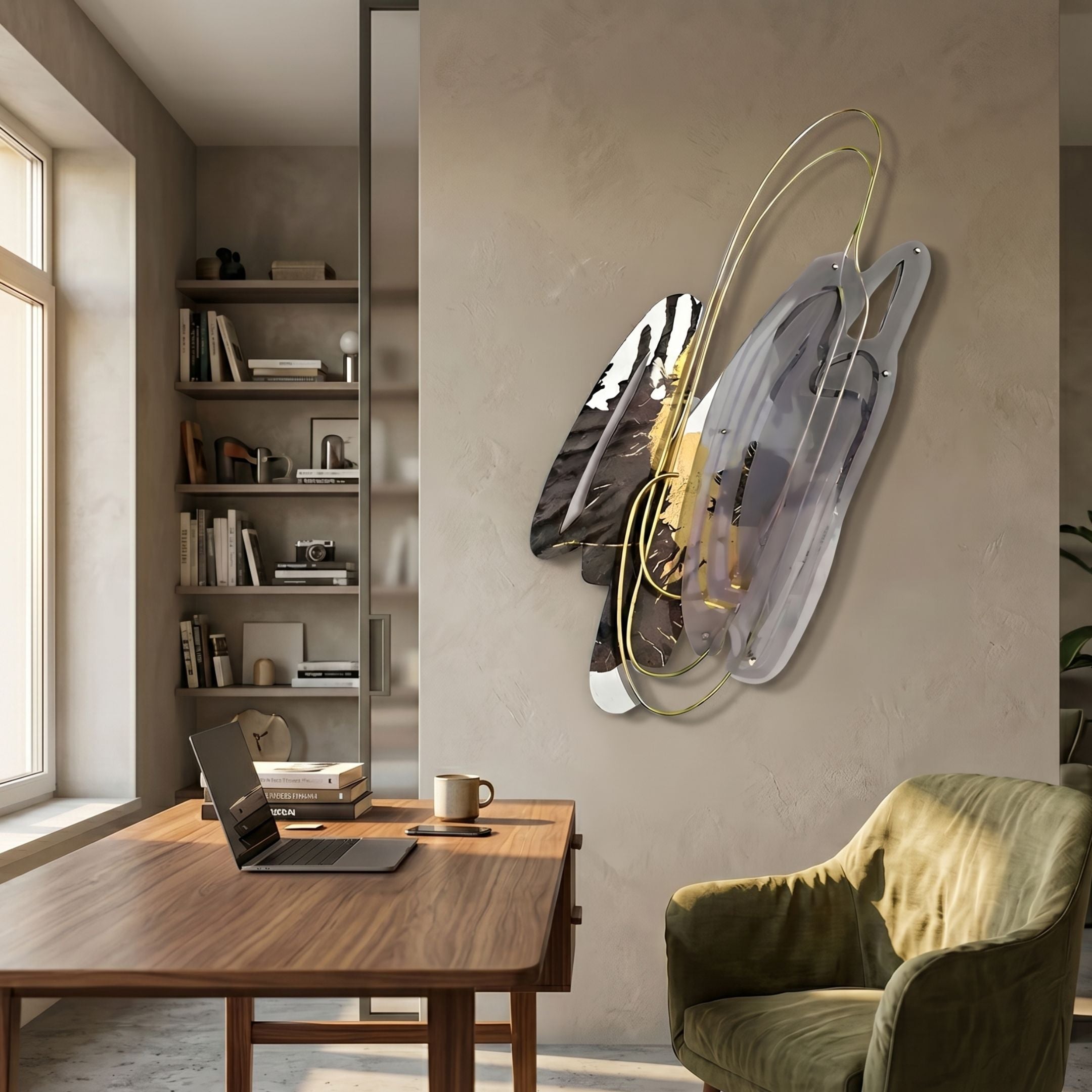 Aerava Monochrome & Gold Sculptural Acrylic 3D Wall Art with silver, grey and gold curves above a wooden desk in a modern home office.