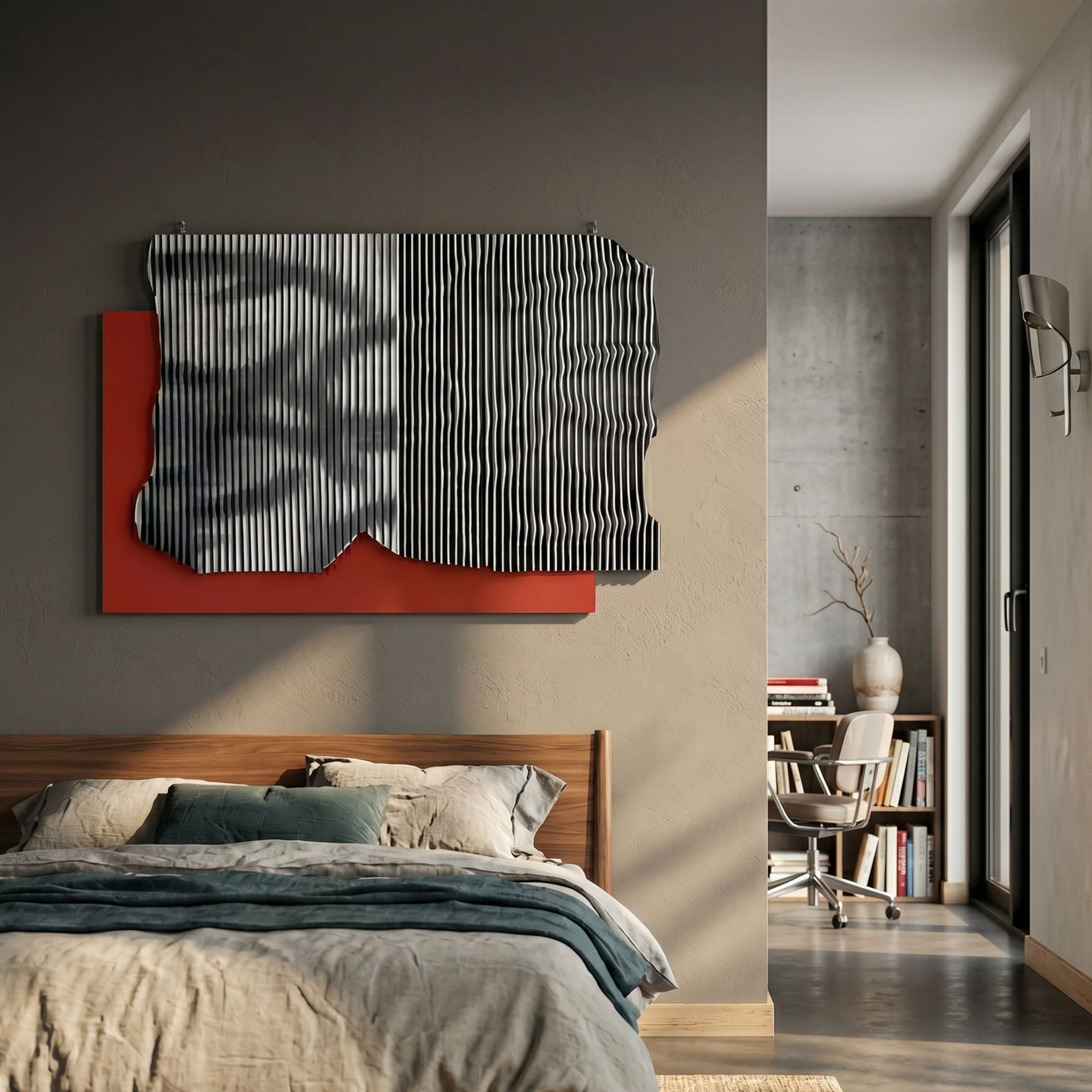 Strialux Mono Illusion Red Leather & Acrylic 3D Wall Art by Giant Sculptures displayed above a wooden bed, featuring striped op-art panels over a red block.