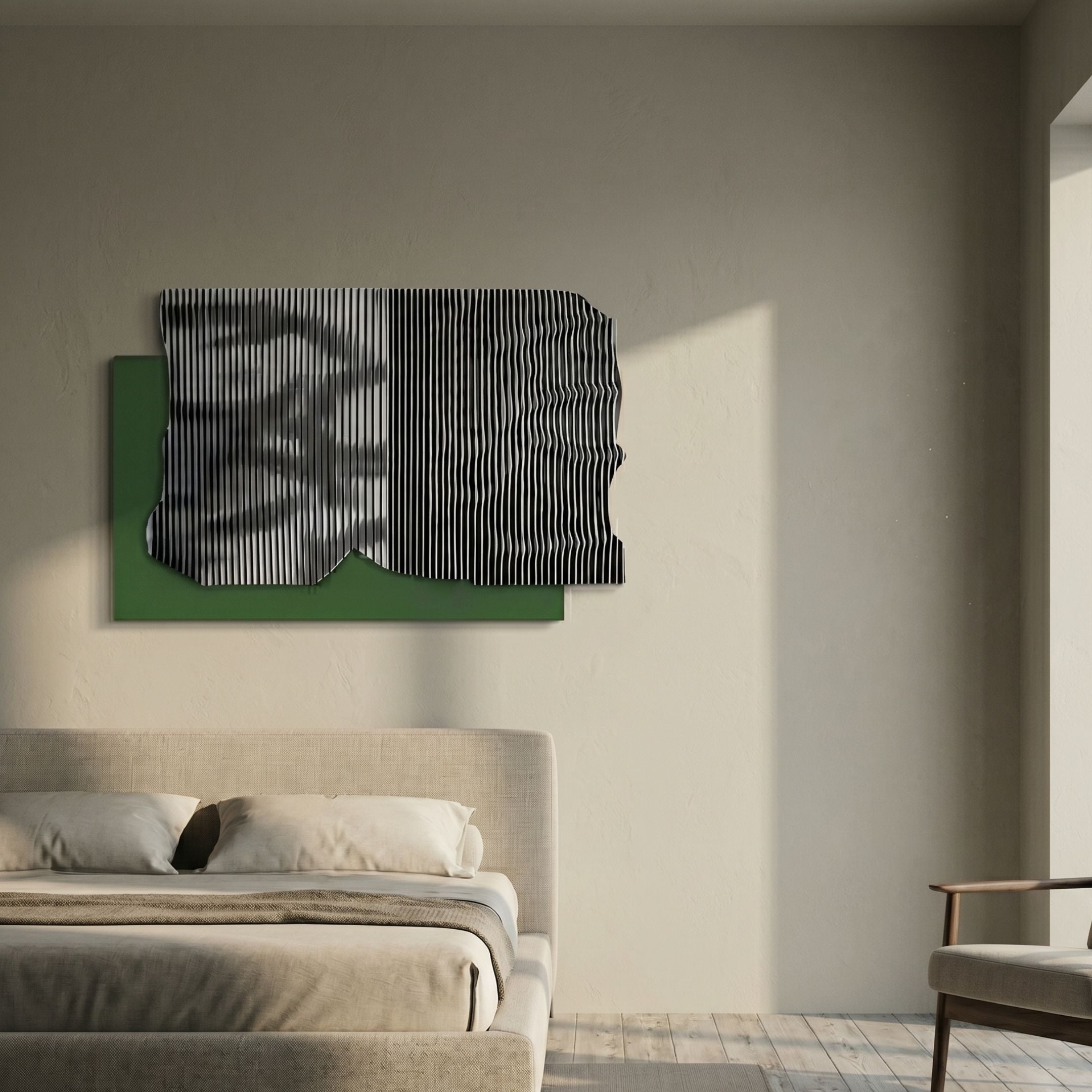 Strialux Mono Illusion 3D Wall Art by Giant Sculptures, black and white striped portrait over green leather panel, mounted above a bed in a neutral bedroom.