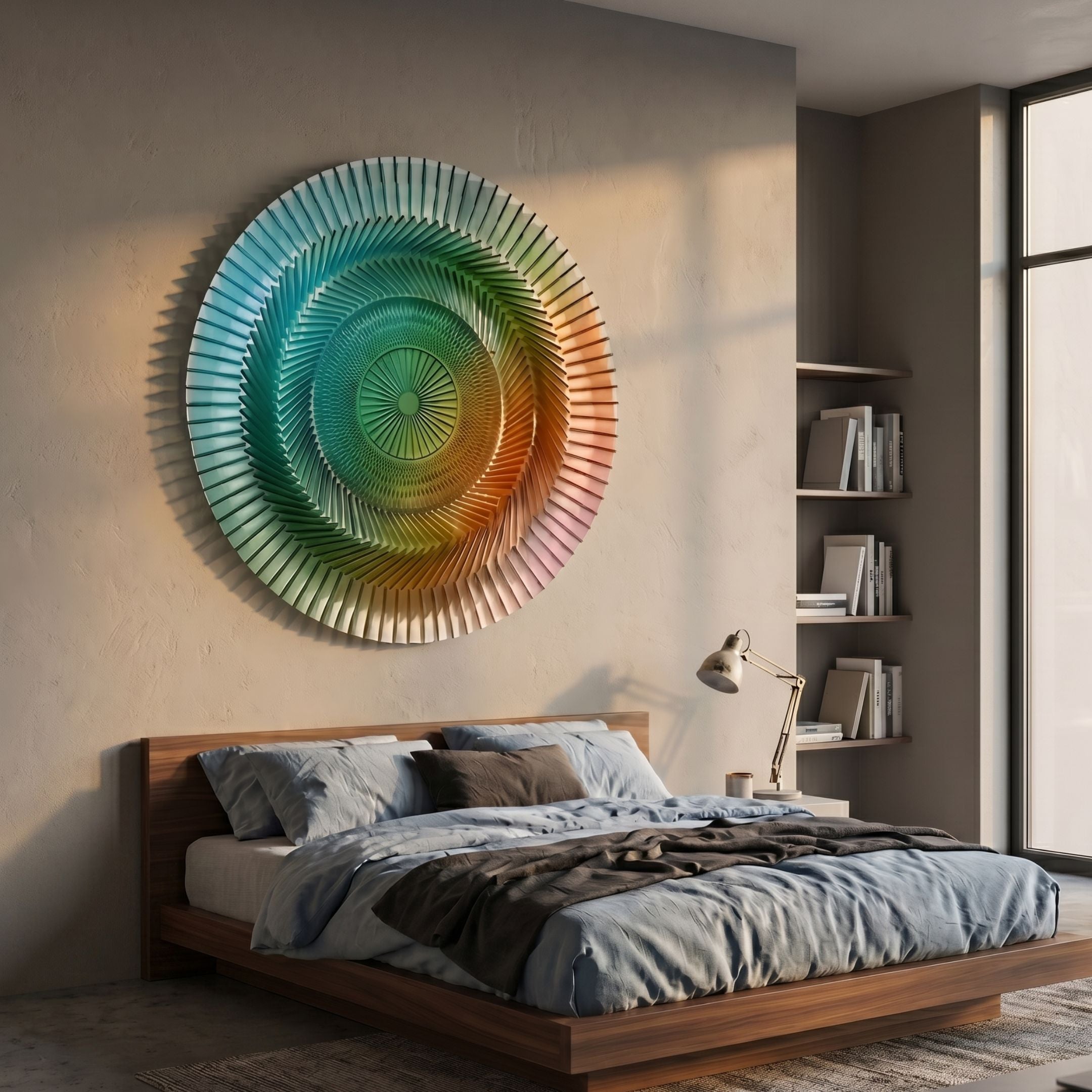 Vortara Dusk Spiral Gradient Acrylic 3D Wall Art by Giant Sculptures, mounted above a wooden bed with blue linens in a modern bedroom beside shelves.