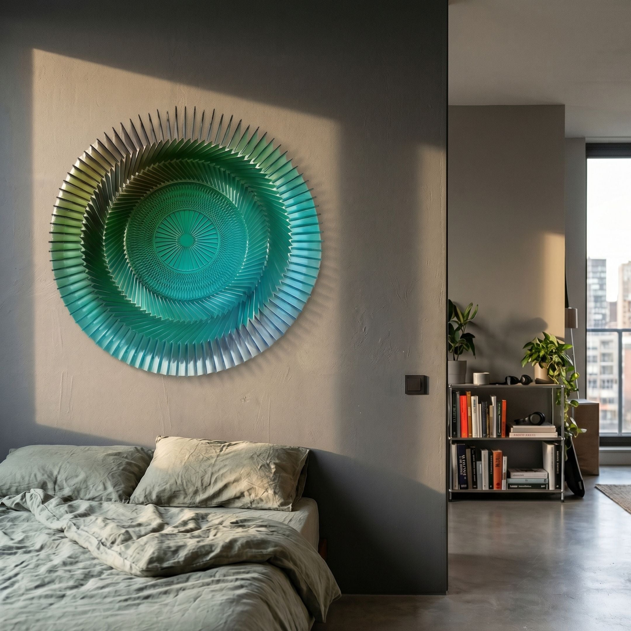 Vortara Emerald Spiral Gradient Acrylic 3D Wall Art mounted above a linen-dressed bed in a modern bedroom, with a bookshelf and city-view window nearby.