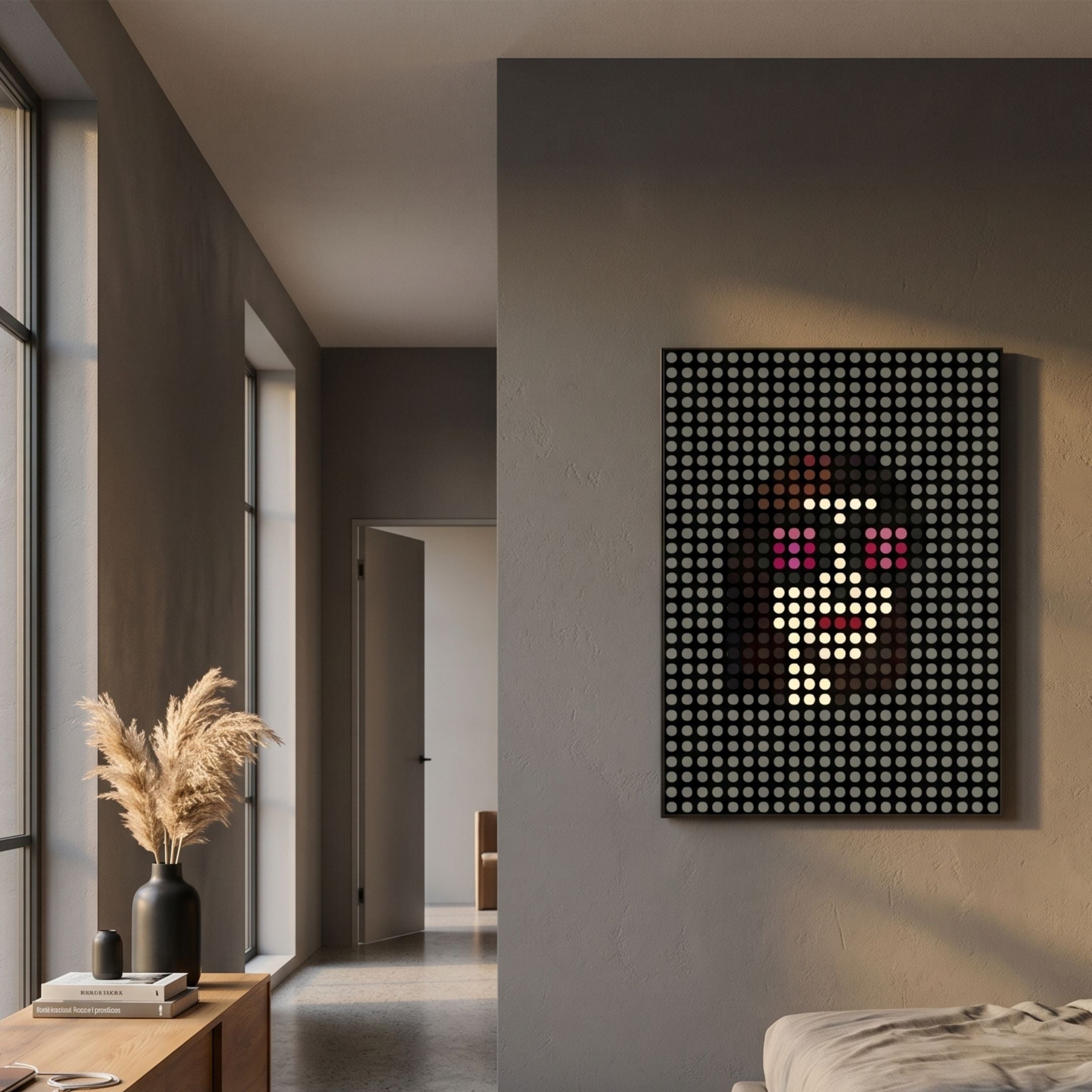 Pixelade Pink Lens Girl Acrylic Dot 3D Wall Art by Giant Sculptures displayed on a grey hallway wall beside a console with pampas grass and a bedroom doorway.