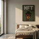 Pixelade NFT Shades Acrylic Dot 3D Wall Art by Giant Sculptures, displayed above a wooden bed with linen bedding in a sunlit modern bedroom.