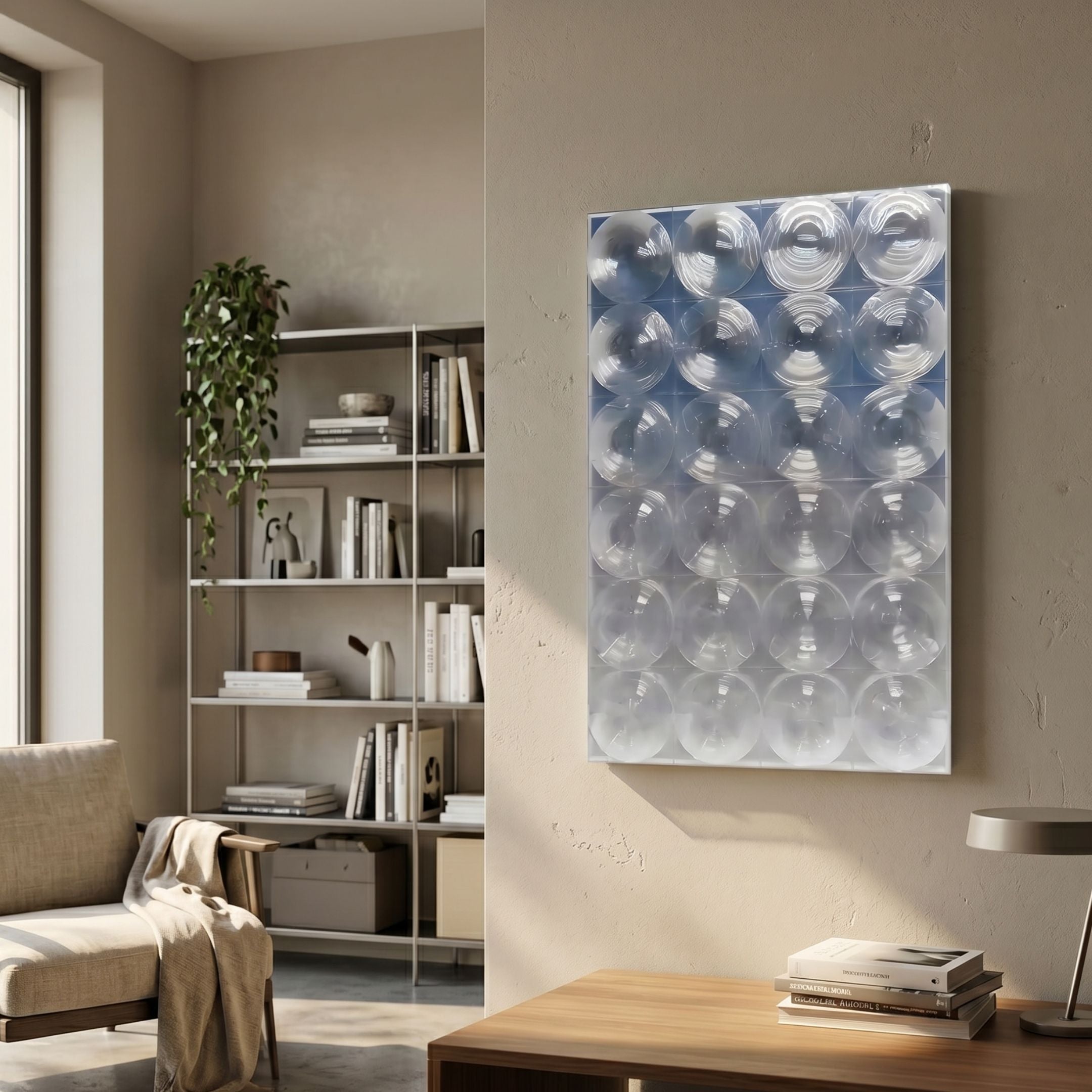 Lucentra Blue Gradient Grid Acrylic 3D Wall Art by Giant Sculptures mounted on a beige wall in a modern living room beside a bookshelf, armchair, and wood console.