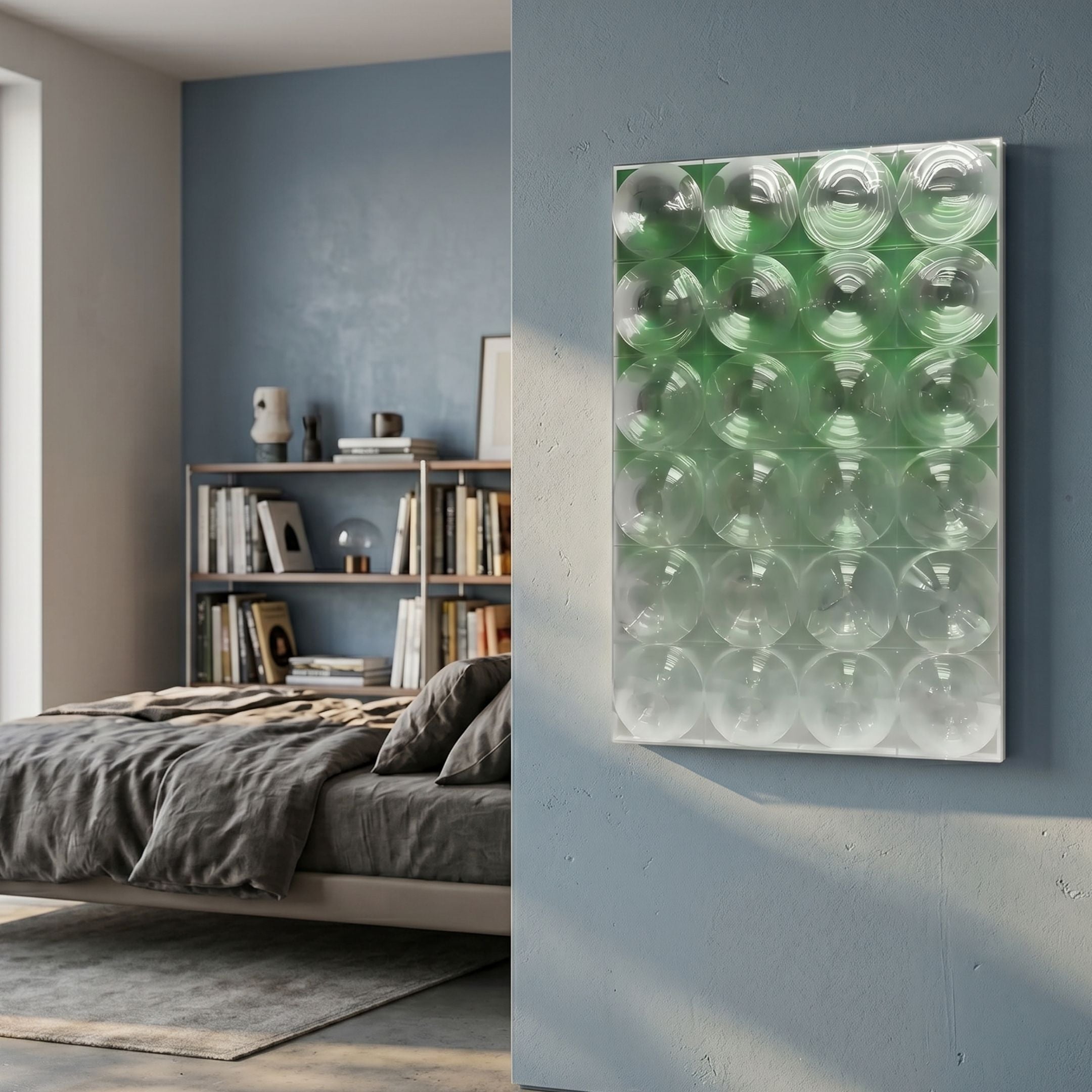 Lucentra Green Gradient Grid Acrylic 3D Wall Art mounted on a blue bedroom wall beside a bed and bookshelf, showing the 4×6 concave lens array.
