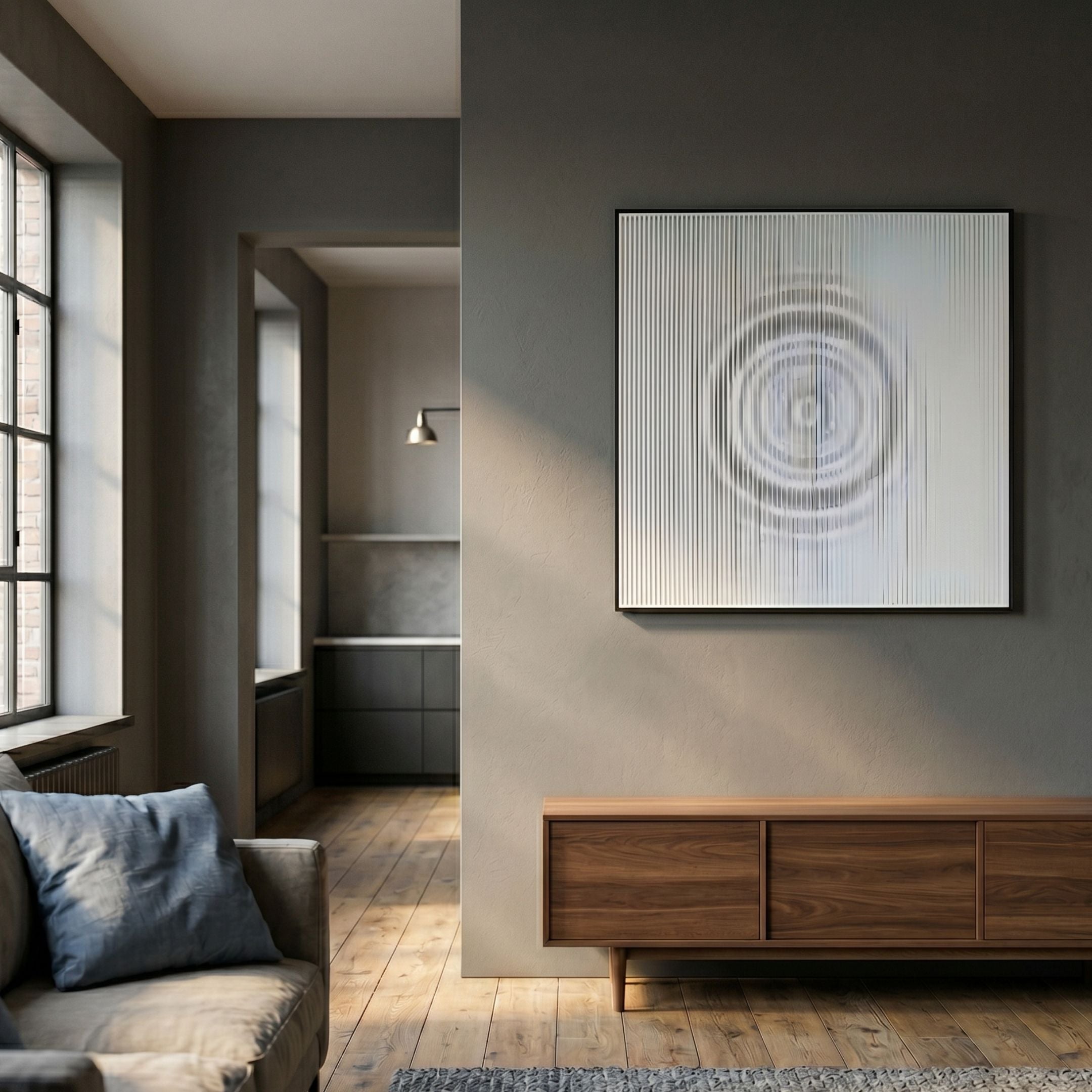 Cirvara Frosted Ripple White Acrylic 3D Wall Art by Giant Sculptures mounted above a walnut sideboard in a grey-walled modern living room with oak floors.