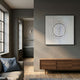 Cirvara Frosted Ripple White Acrylic 3D Wall Art by Giant Sculptures mounted above a walnut sideboard in a grey-walled modern living room with oak floors.