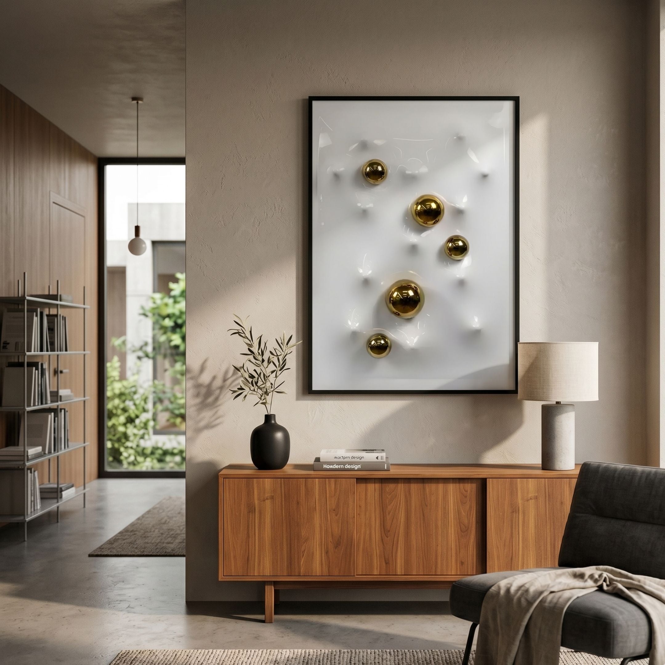Aurezal White Gloss & Gold Orb Acrylic 3D Wall Art by Giant Sculptures displayed above a walnut sideboard with vase, lamp, and books in a modern living room.