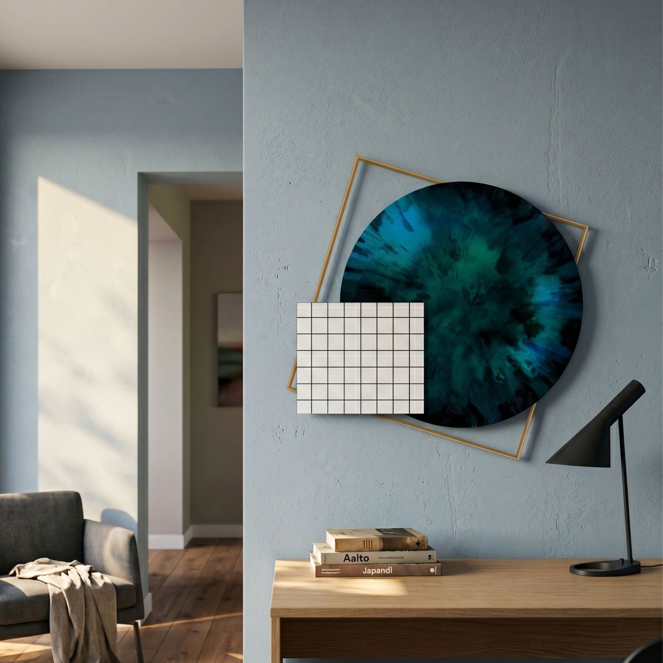 Aurenza Grid Sapphire Acrylic & Metal Frame 3D Wall Art by Giant Sculptures mounted on a pale blue wall above a wooden console with a black lamp and books.