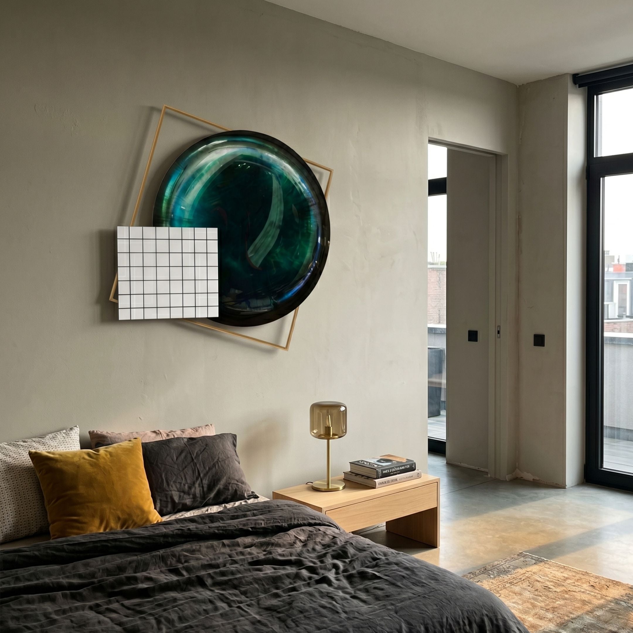 Aurenza Grid Jade Acrylic & Metal Frame 3D Wall Art by Giant Sculptures displayed above a bed with grey linens, mustard cushion, and oak nightstand.