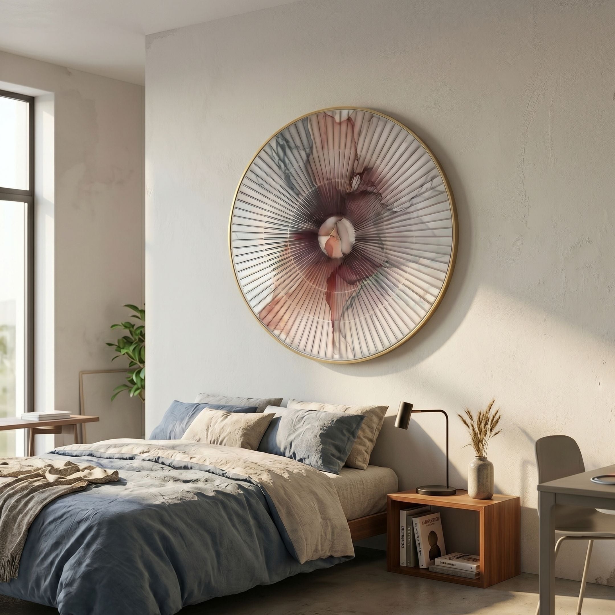 Flusira Blush Plum Circular Acrylic 3D Wall Art by Giant Sculptures with brushed gold frame and radial pleats, mounted above a bed in a neutral bedroom.