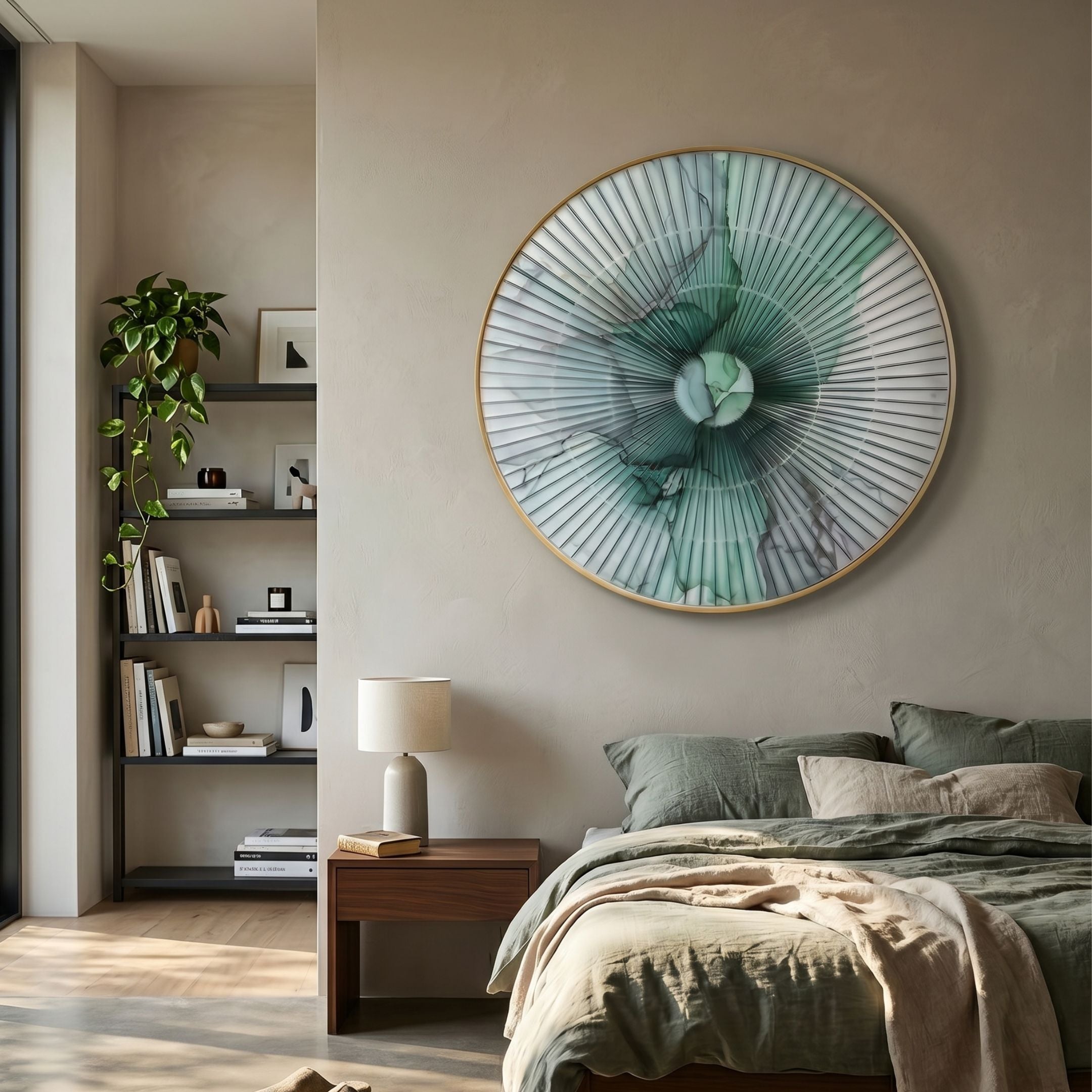 Flusira Emerald Vein Circular Acrylic 3D Wall Art by Giant Sculptures mounted above a wooden nightstand in a bedroom with green linen bedding and a bookshelf.