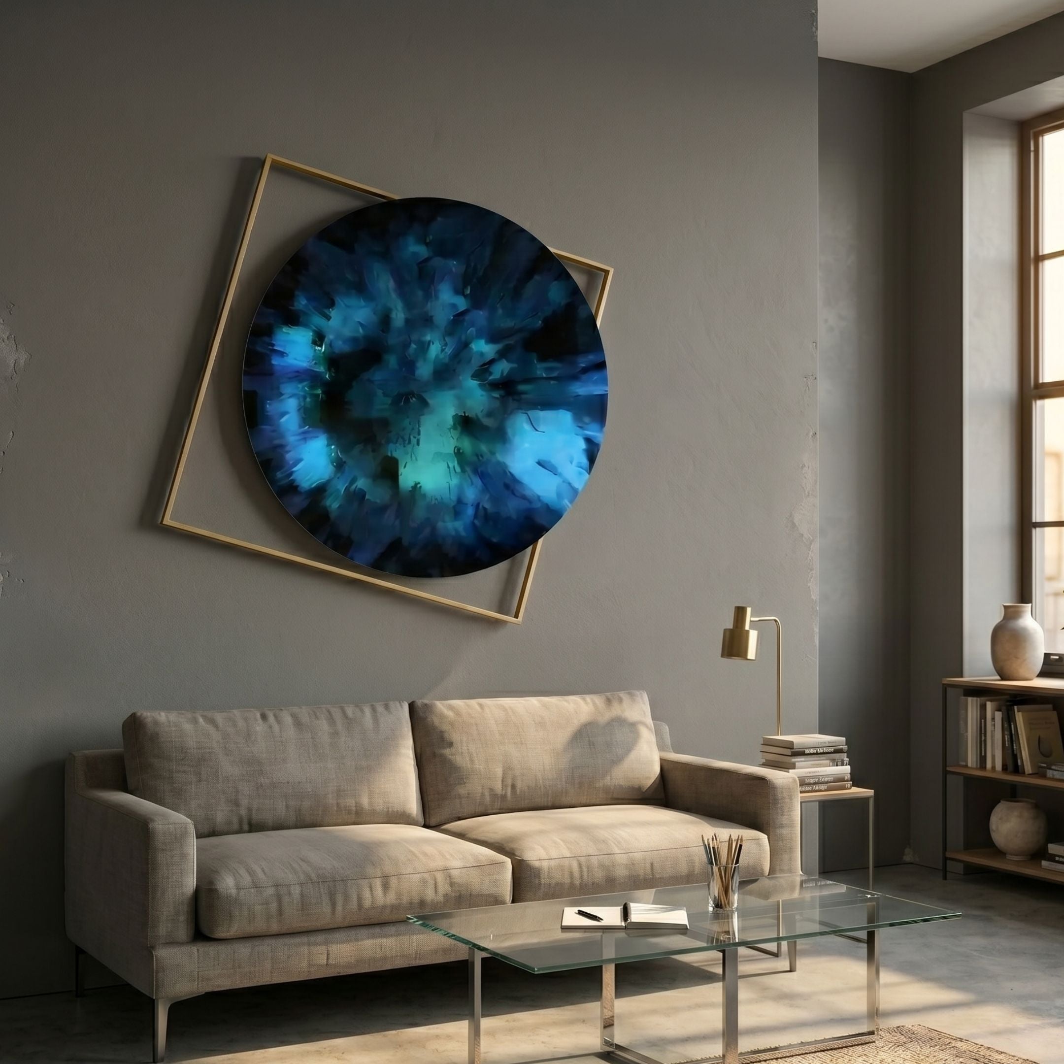 Aurenza Emerald Acrylic & Metal Frame 3D Wall Art by Giant Sculptures displayed above a beige sofa in a grey living room with glass coffee table.