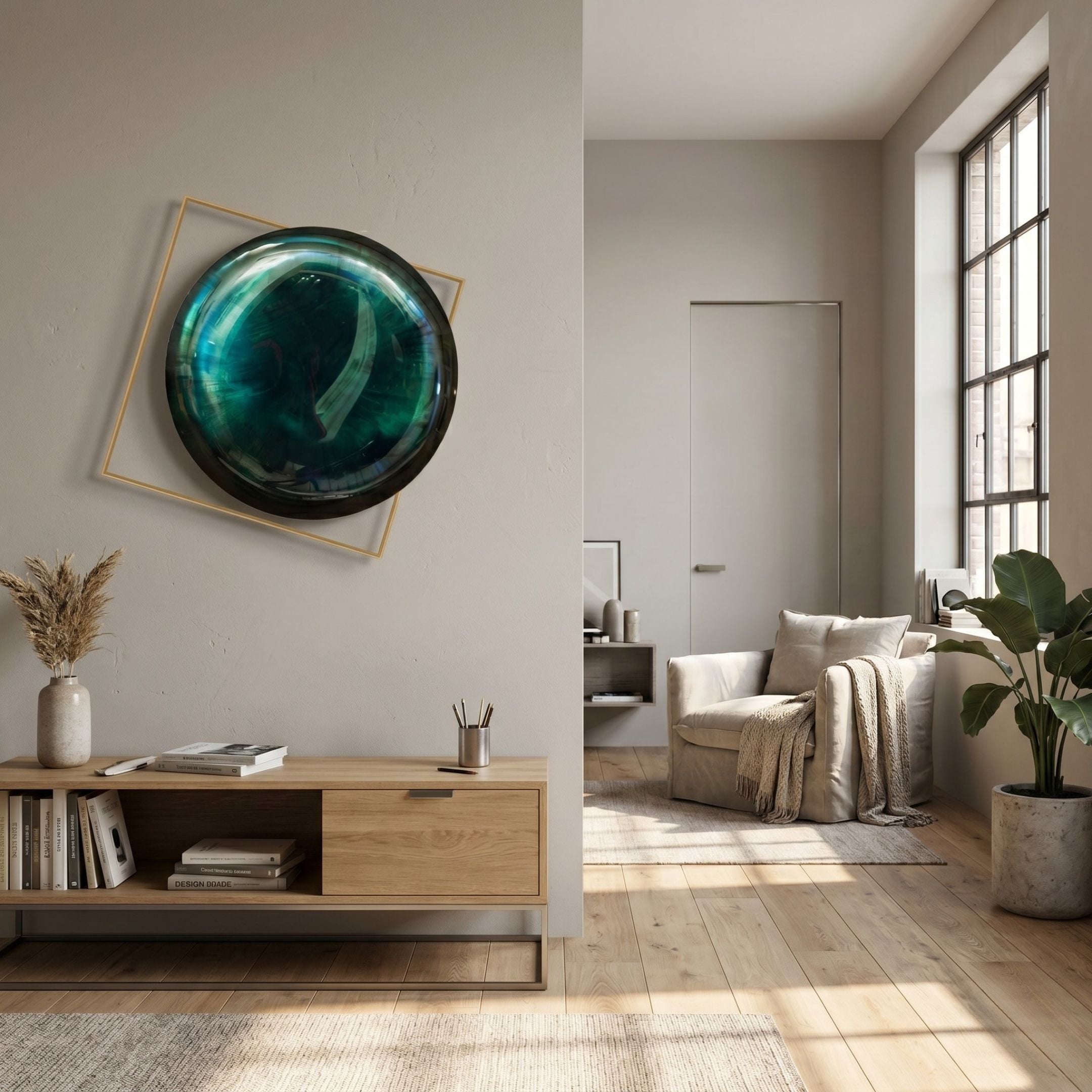 Aurenza Jade Acrylic & Metal Frame 3D Wall Art by Giant Sculptures, a glossy green swirled dome within a tilted gold square, mounted above a wooden console.