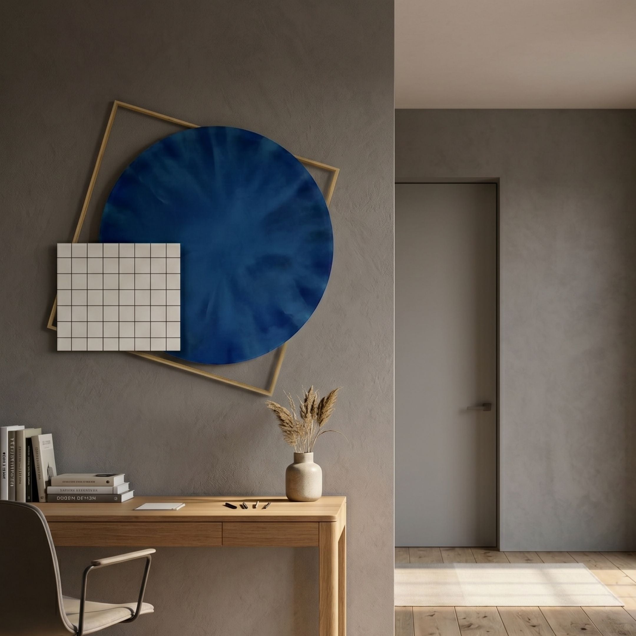 Aurenza Grid Cobalt Blue Acrylic & Metal Frame 3D Wall Art by Giant Sculptures mounted above a wooden desk in a modern grey-walled home office.