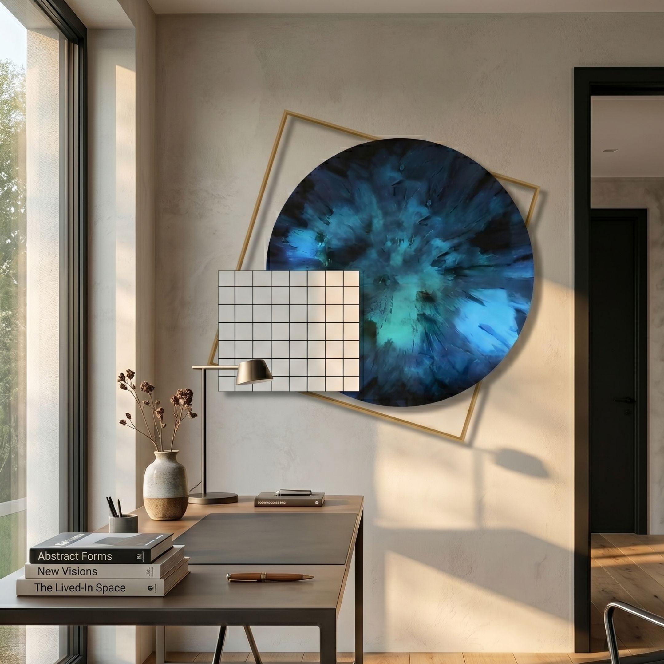 Aurenza Grid Sapphire 3D Wall Art with sapphire-blue circular motif, white grid panel and tilted gold frame, displayed above a desk in a sunlit office.