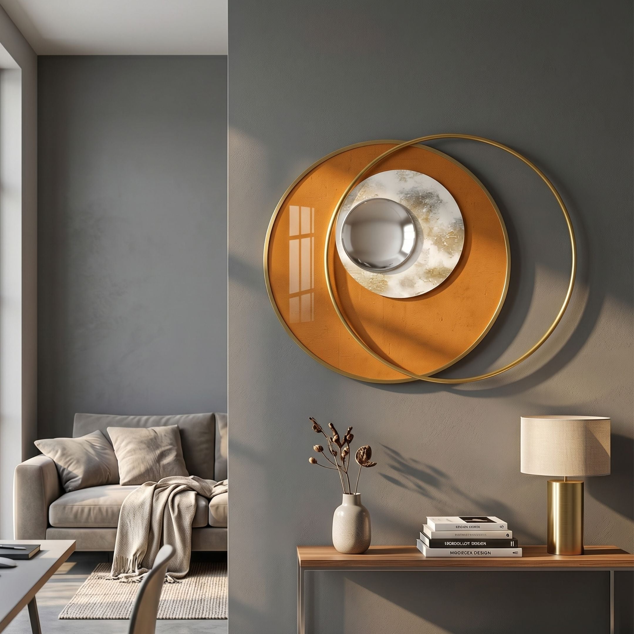 Solvata Sunset Ochre Orbit & Metal Ring 3D Wall Art by Giant Sculptures mounted on a grey living room wall above a console with lamp and books.