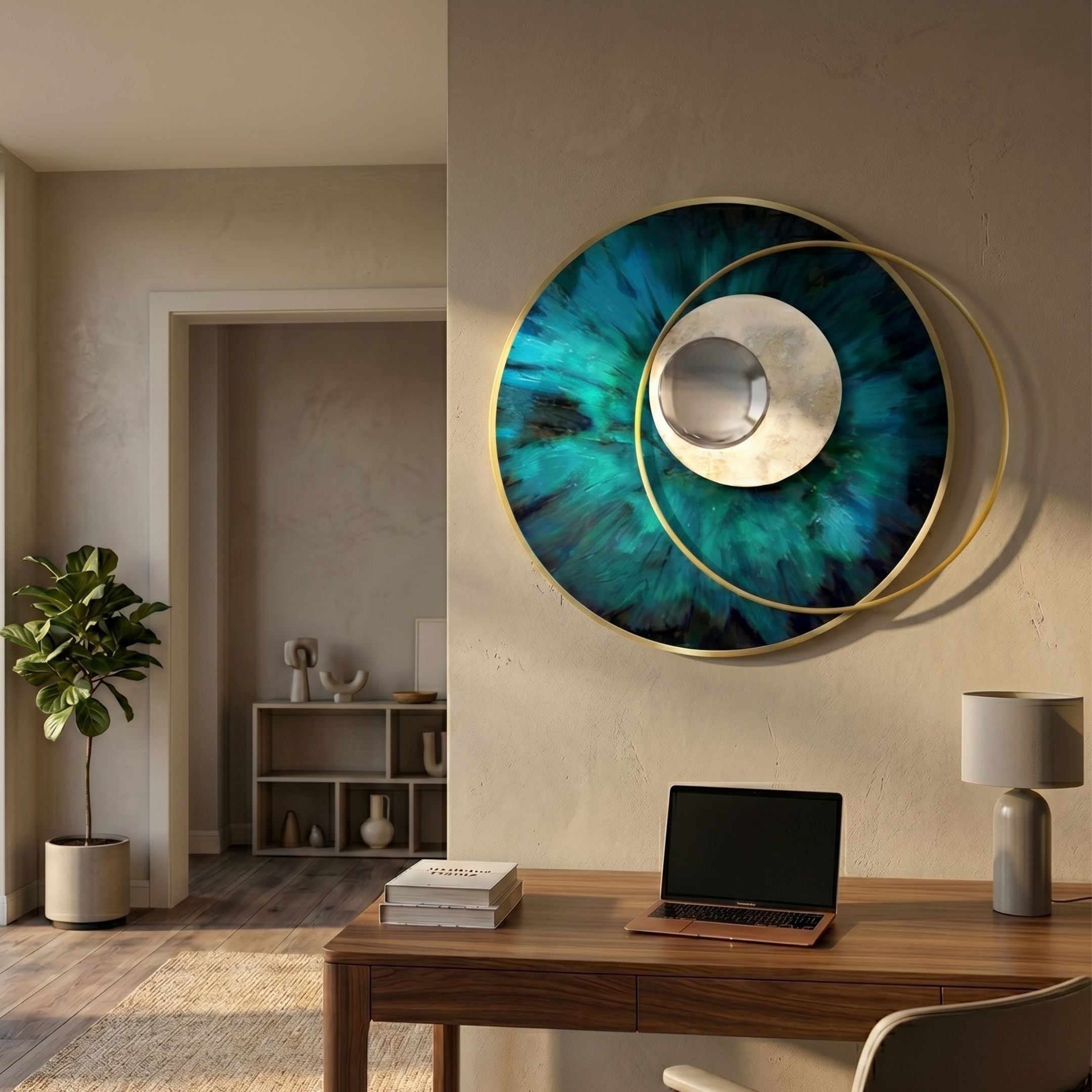 Solvata Deep Teal Orbit & Metal Ring 3D Wall Art by Giant Sculptures mounted above a walnut desk in a neutral home office with a potted plant nearby.