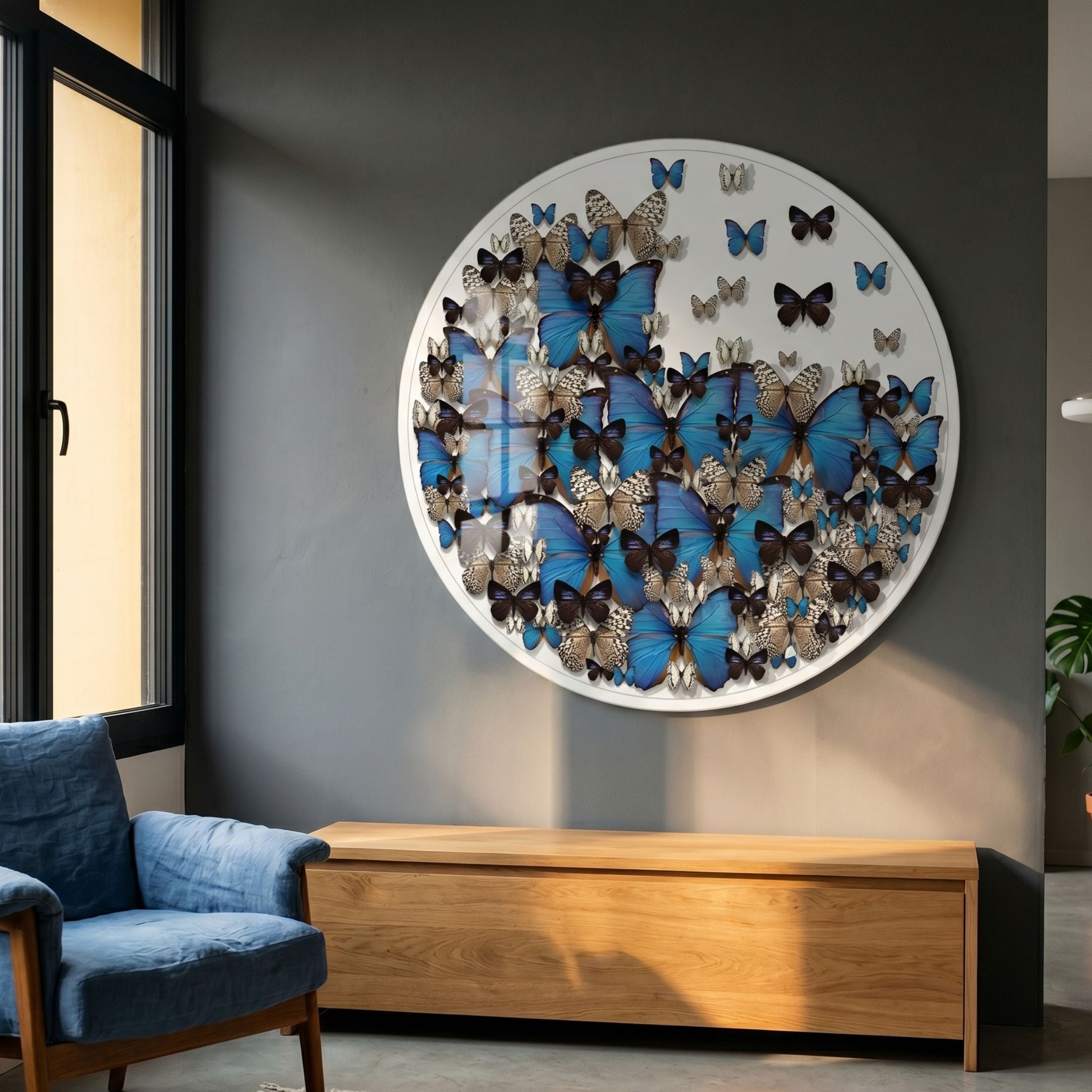 Papillure Azure Bloom Butterfly Acrylic 3D Wall Art by Giant Sculptures in a grey lounge above a wooden console beside a blue armchair and window.