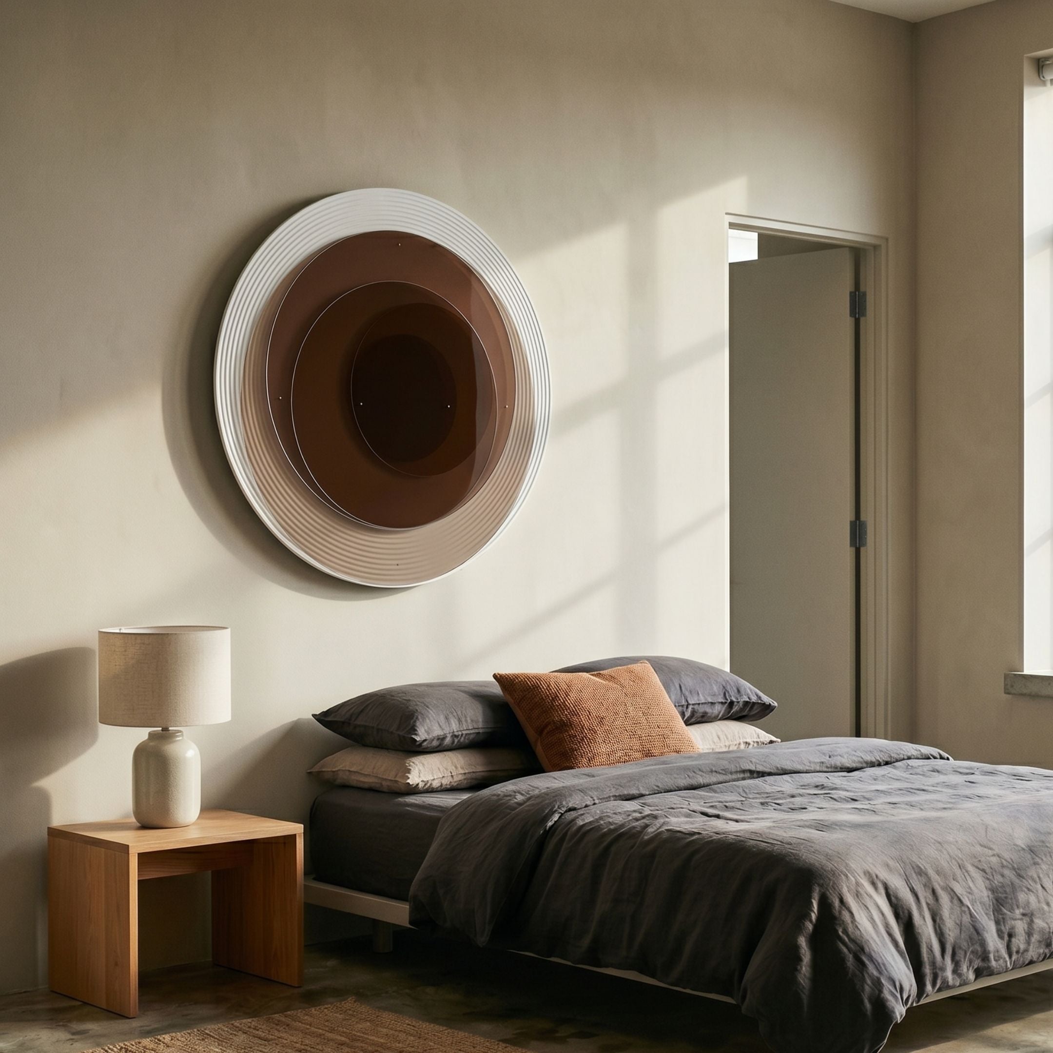 Volyra Deep Brown Disc Wood & Acrylic 3D Wall Art mounted above a bed with grey linen and a wooden nightstand in a warm neutral bedroom.