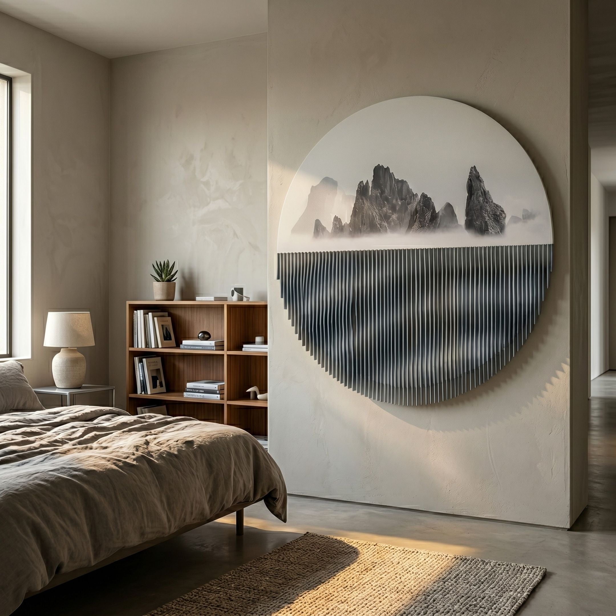 Skara Blue Peaks & Ripple Acrylic 3D Wall Art by Giant Sculptures, a large round piece with jagged mountain peaks above vertical ripple lines, displayed on a bedroom feature wall beside a wooden bookshelf and linen-dressed bed.