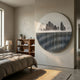 Skara Blue Peaks & Ripple Acrylic 3D Wall Art by Giant Sculptures, a large round piece with jagged mountain peaks above vertical ripple lines, displayed on a bedroom feature wall beside a wooden bookshelf and linen-dressed bed.