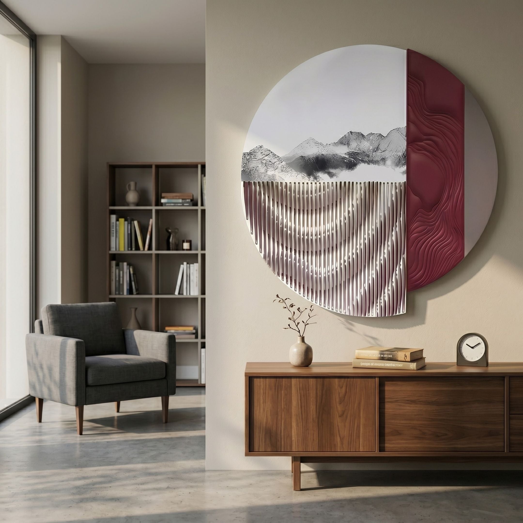 Skara Crimson Ridge & Ripple Acrylic 3D Wall Art by Giant Sculptures, a round piece with grayscale mountains, silver rippled slats, and maroon contour panel, above a walnut sideboard.