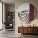 Skara Crimson Ridge & Ripple Acrylic 3D Wall Art by Giant Sculptures, a round piece with grayscale mountains, silver rippled slats, and maroon contour panel, above a walnut sideboard.