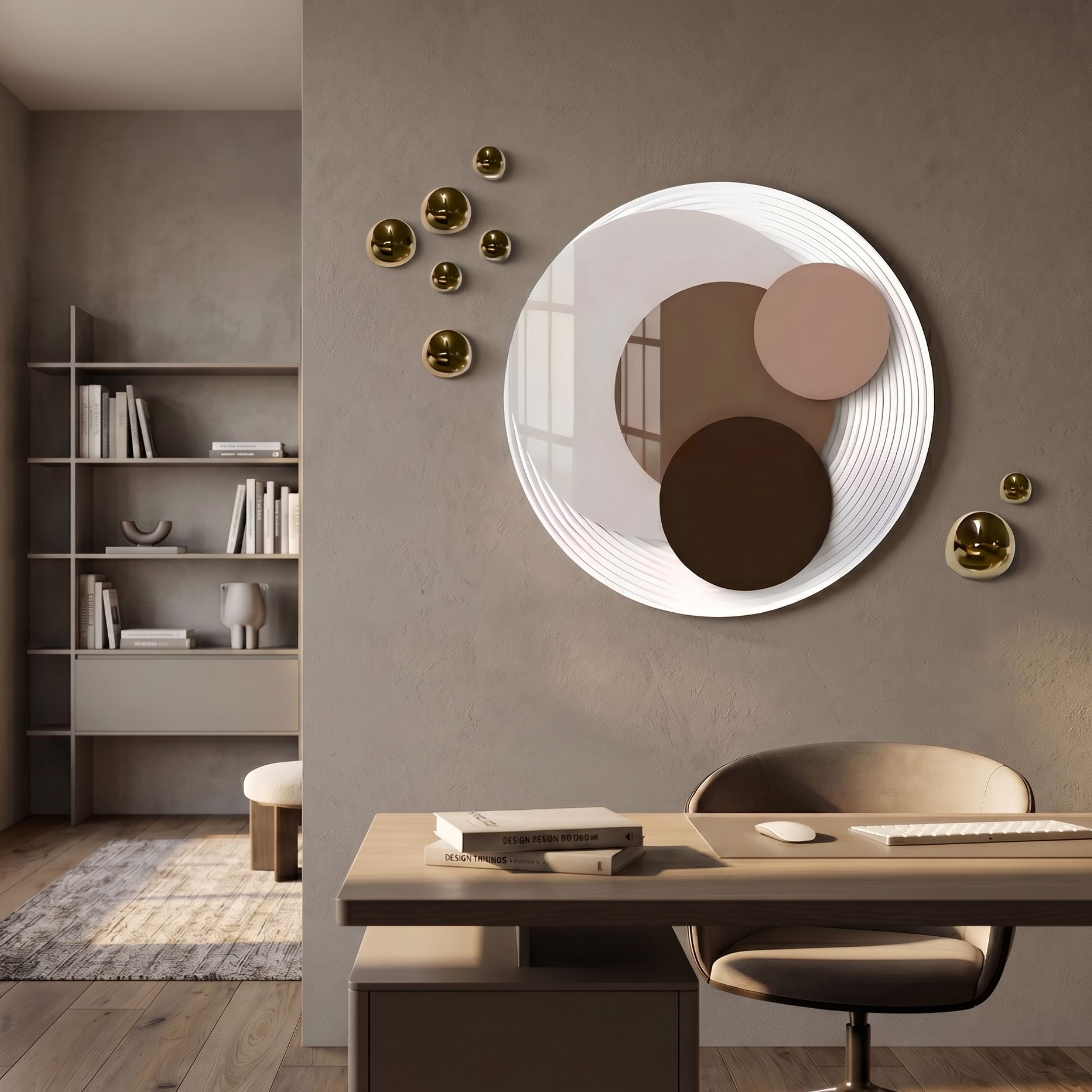Cirelo Mocha & Taupe Disc Acrylic 3D Wall Art With Metal Balls mounted in a modern office above a wooden desk, with gold wall spheres alongside.
