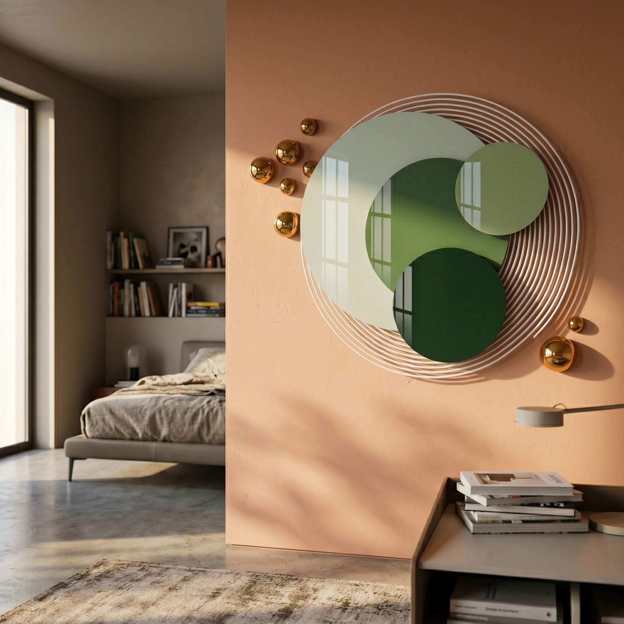 Cirelo Olive & Forest Disc Acrylic 3D Wall Art With Metal Balls by Giant Sculptures mounted on a peach wall beside a bedroom with bookshelves and bed.